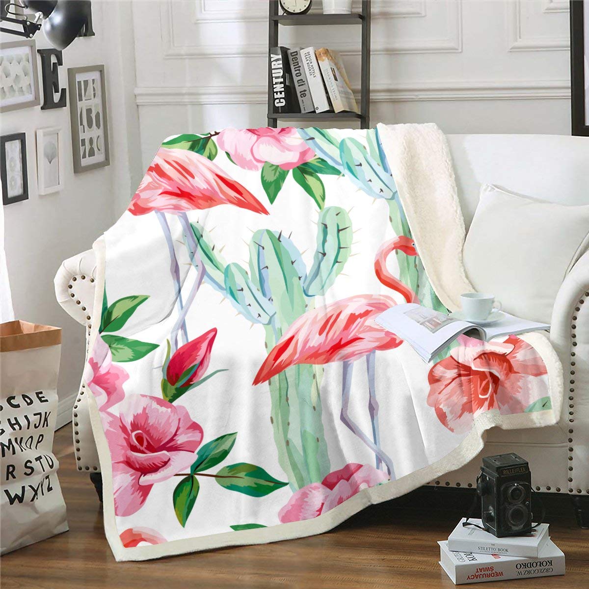 Erosebridal Flamingo & Cactus Fleece Throw Blanket for Kids - Tropical Sherpa Plush Blanket for Boys & Girls, Twin Size Nursery Bedding - Perfect for Cozy Naps, Playtime & Tropical-Themed Room Decor