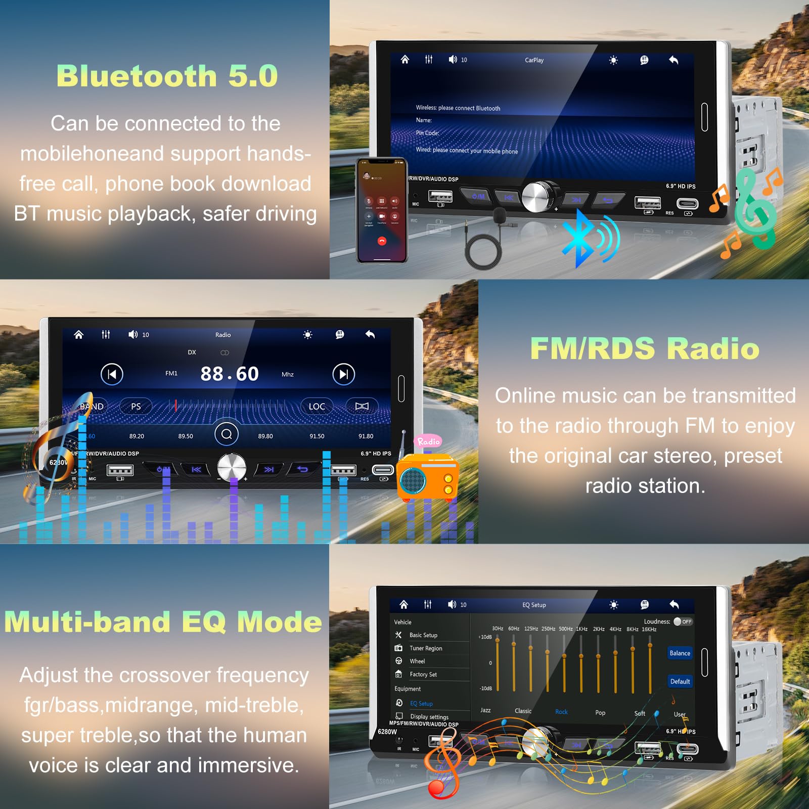 Podofo 6.9 Inch 1 Din Car Stereo with Wireless Apple CarPlay & Android Auto, Bluetooth Receiver, Rearview Camera, Built-in Mic | In-Dash Multimedia Player for Seamless Music Streaming & Hands-Free Calling While Driving