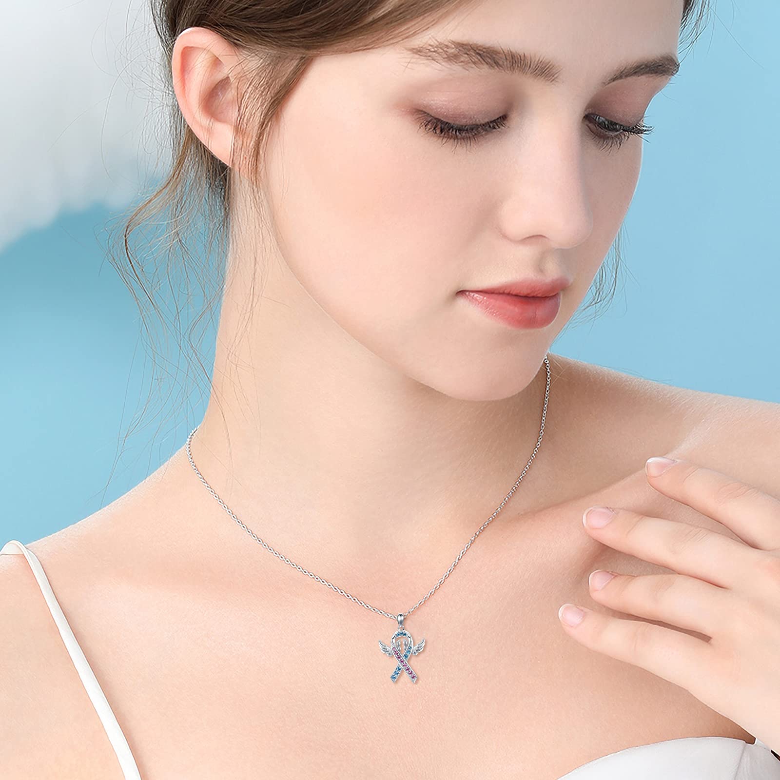 925 Sterling Silver Angel Mom Necklace - Pink & Blue Ribbon Memorial Pendant for Pregnancy Loss, Infant Child Loss Awareness - Sympathy Jewelry Gift for Bereaved Mothers (Perfect for Remembrance Days, Support Groups & Healing Gifts)