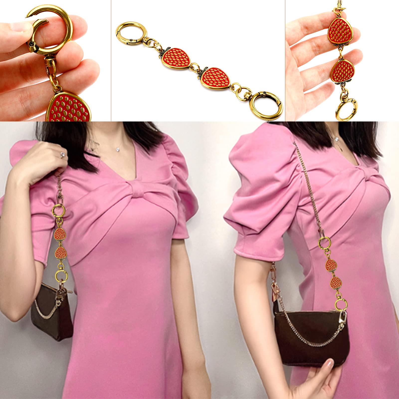 2 Pcs Gold Strawberry Pattern Purse Extender Chains for Women - Adjustable Bag Strap Extenders for Crossbody Bags, Replacement Metal Chains for Handbags & Shoulder Bags - Perfect for Travel, Shopping & Everyday Use