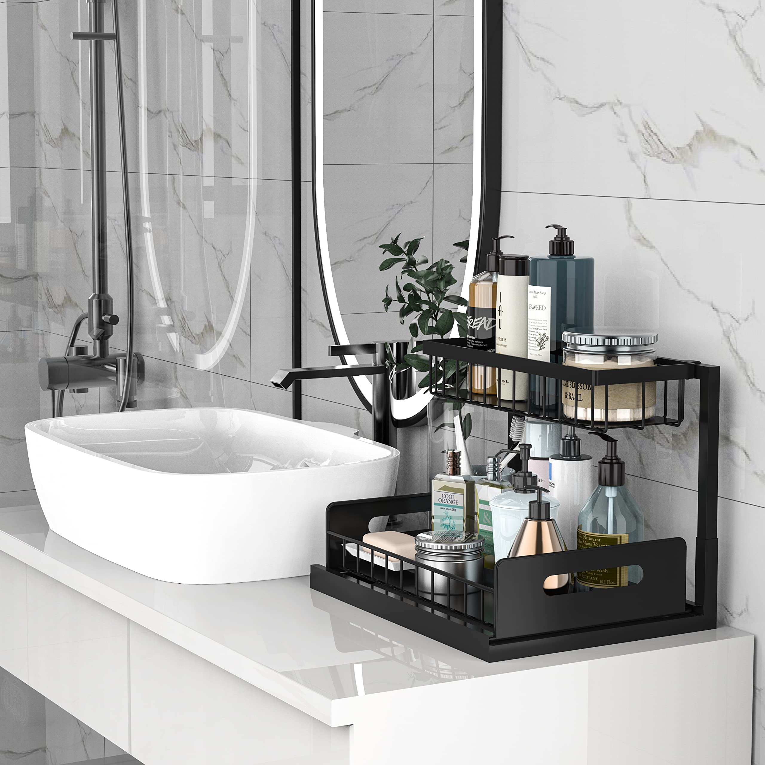 Bukfen 2-Tier Pull Out Under Sink Organizer - Slide Out Cabinet Storage Shelf for Kitchen & Bathroom | Space Saving Solution for Cleaning Supplies, Cosmetics & Toiletries (2 Pack) - Perfect for Small Spaces & Cluttered Cabinets