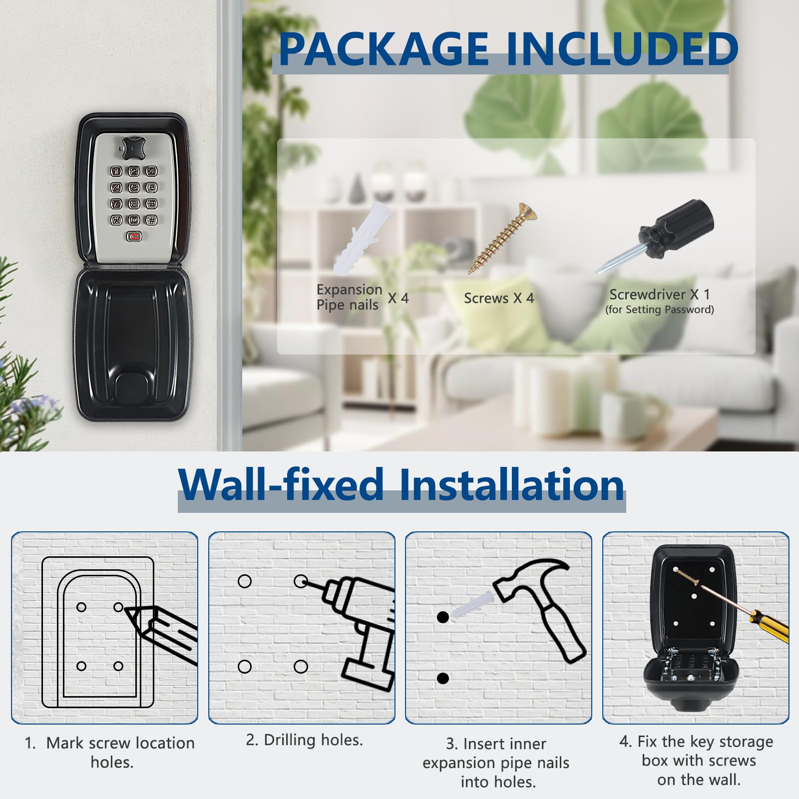 12-Digit Combination Key Lock Box - Waterproof Wall Mounted Security Box for Outdoor Keys | Large Capacity Key Hider for Home, Garage, Office & Warehouse | Perfect for Spare Key Storage, Vacation Rentals & Property Management