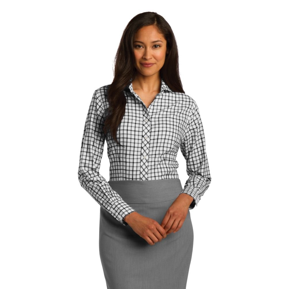 Red House Women's Tricolor Check Non-Iron Shirt - Wrinkle-Free Casual Blouse for Office, Travel & Everyday Wear