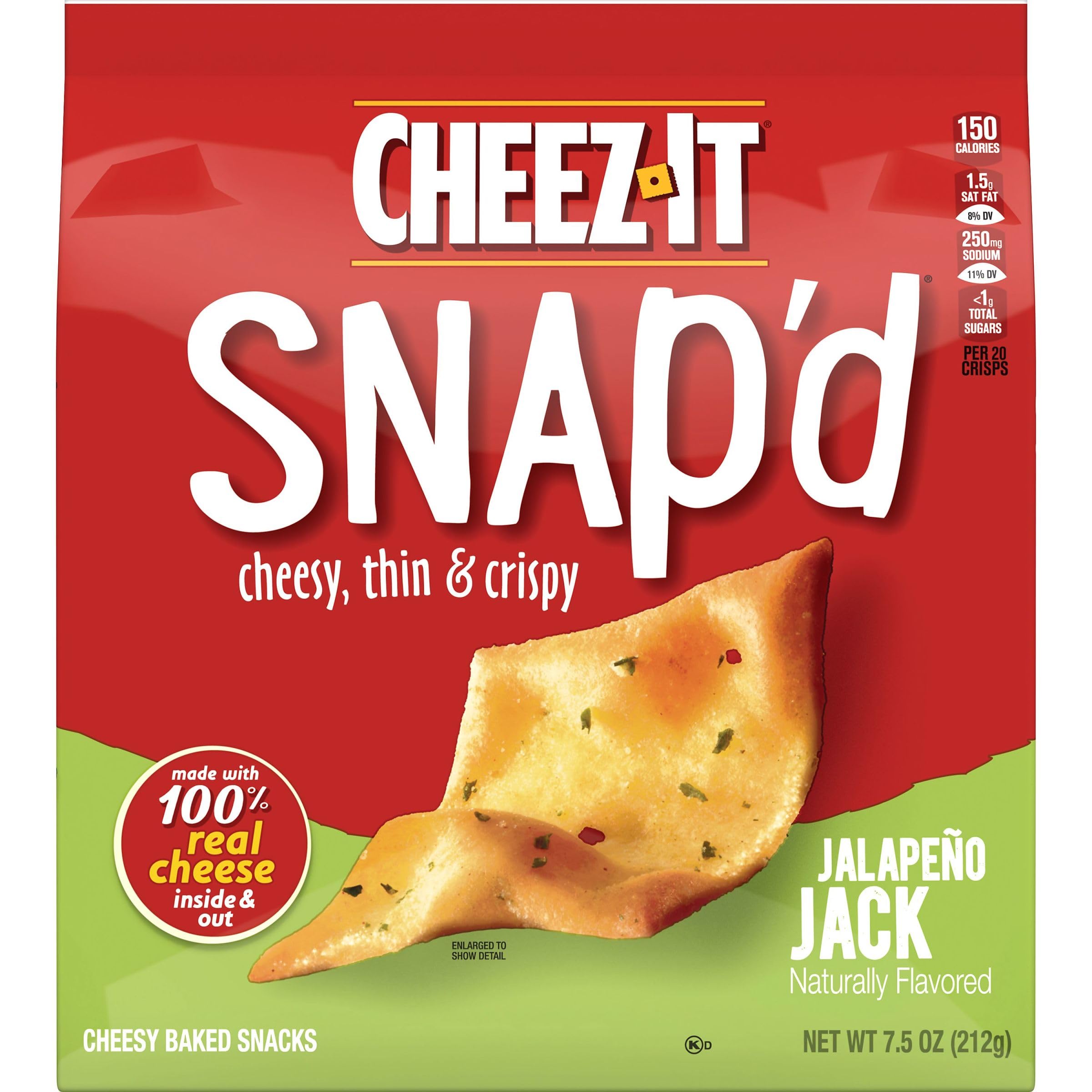 Cheez-It Snap'd Thin & Crispy Jalapeno Jack Cheese Crackers - 7.5oz Bag - Spicy Snack Chips for Lunch, Parties & On-the-Go Snacking - Crunchy Cheese Flavored Crisps Perfect for Movie Nights & Road Trips