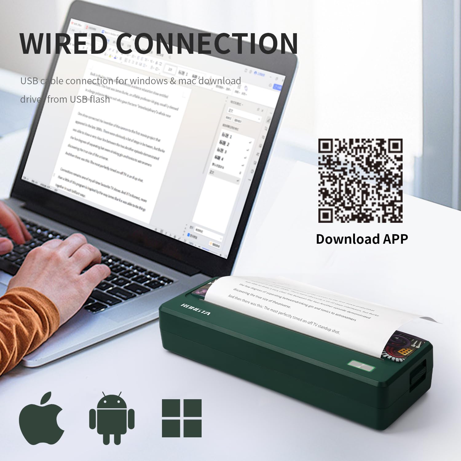 Rongta Wireless Portable Thermal Printer - 300DPI Inkless Bluetooth Mobile Printer for Travel, Compatible with Android iOS & Laptops, Supports 8.5