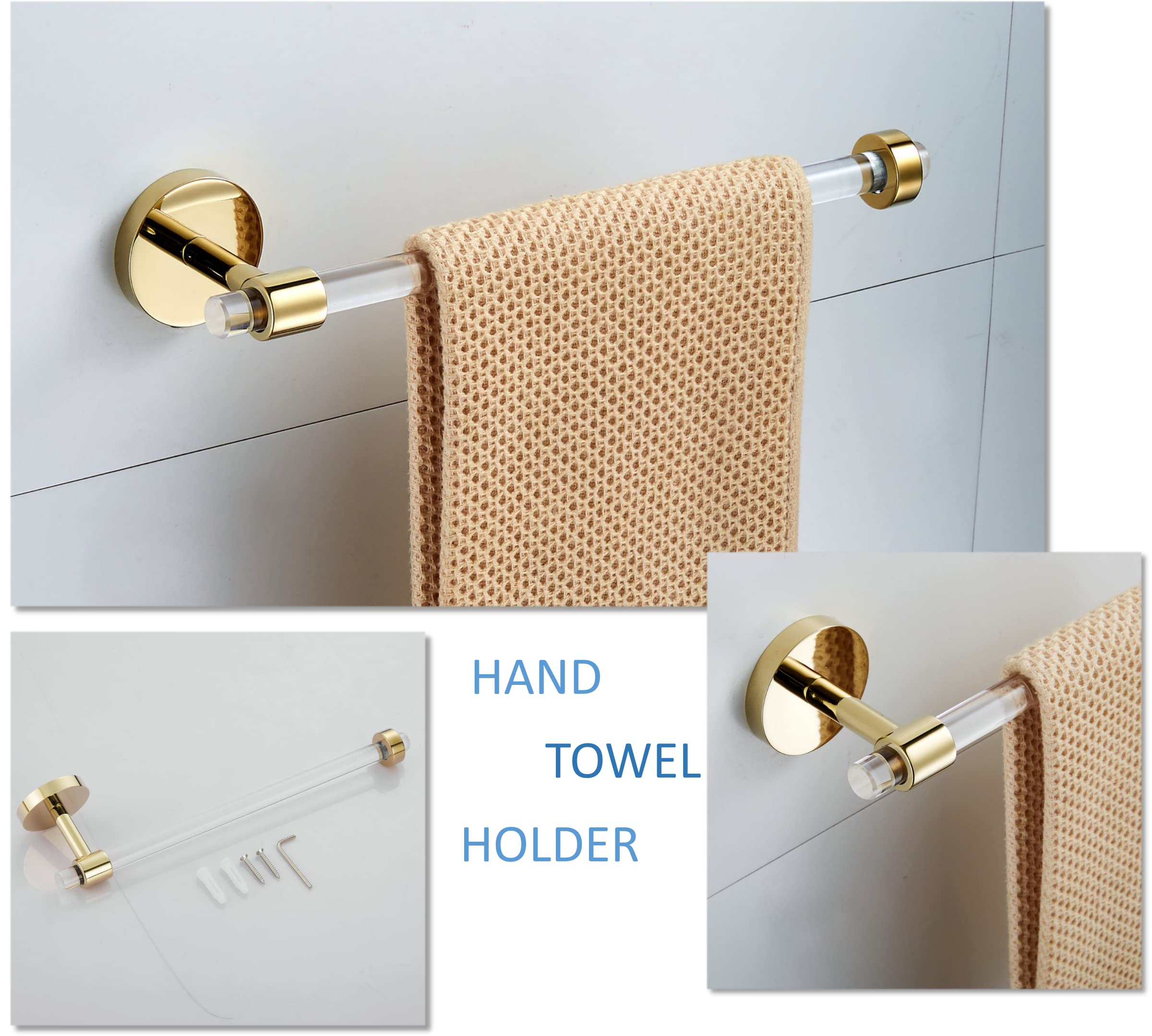 Premium Acrylic Gold Bathroom Hardware Set - 4-Piece Wall Mounted Towel Bar, Towel Rack & Toilet Paper Holder - Modern Bathroom Accessories for Luxury Homes & Spa Retreats