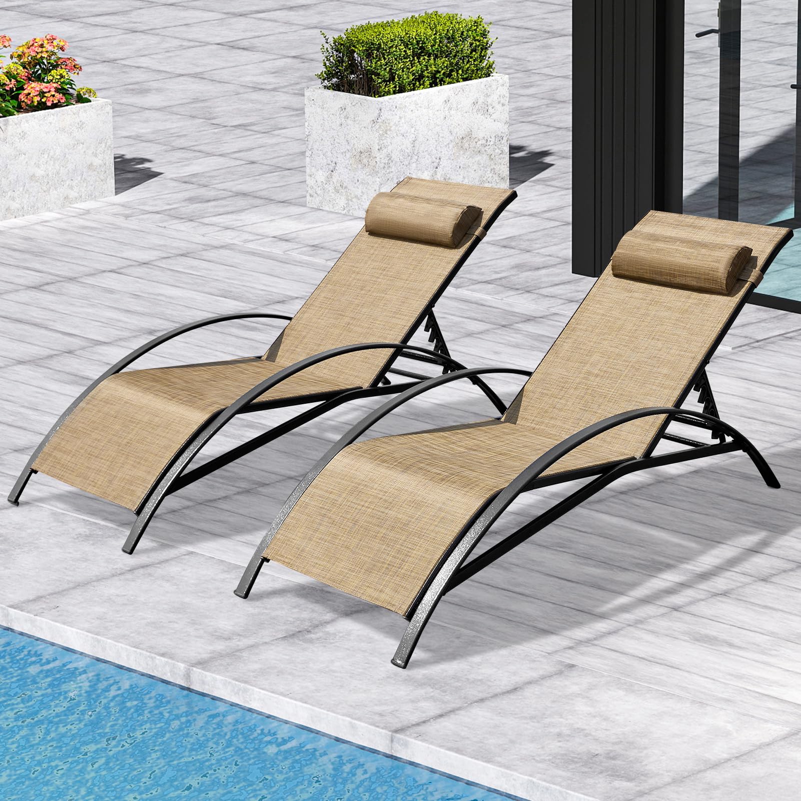 EROMMY 2-Pack Patio Chaise Lounge Chairs - Adjustable 5-Position Backrest, All-Weather Waterproof Outdoor Poolside Lounge Chairs for Beach, Yard, Garden & Backyard Relaxation