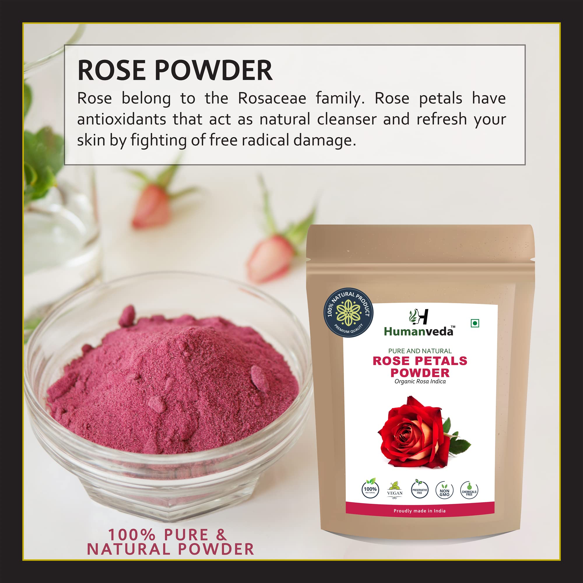 Humanveda 100% Natural Rose Petal Powder - 100g | Organic Face Mask for Skin Brightening, Tan Removal & Glow | Double Filtered Rose Extract | Perfect for DIY Spa, Bridal Care & Daily Skincare Routine