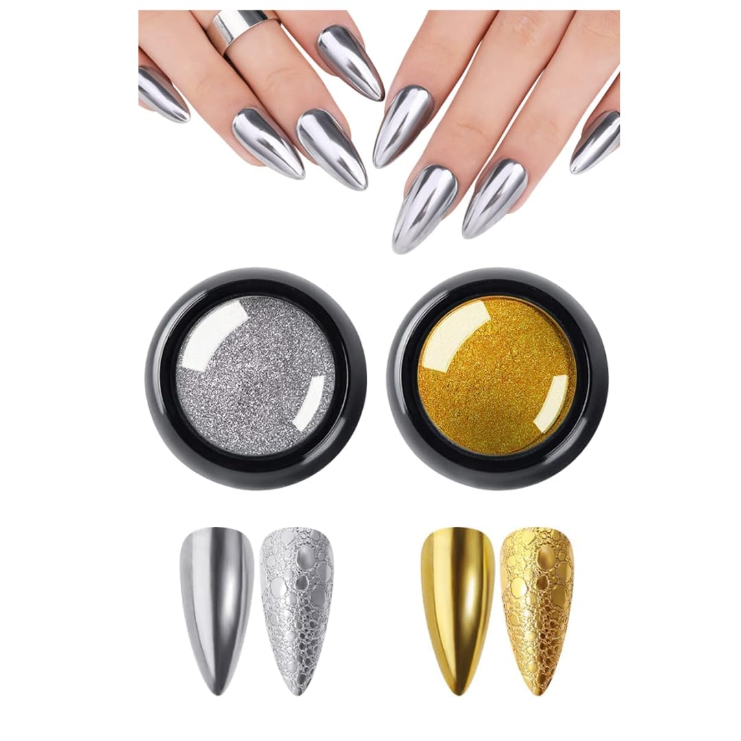 NAILWIND Chrome Nail Powder Set - 3D Holographic Mirror Effect Nail Art Pigments (2-Piece Gold & Silver) for Professional Salon & DIY Manicure at Home