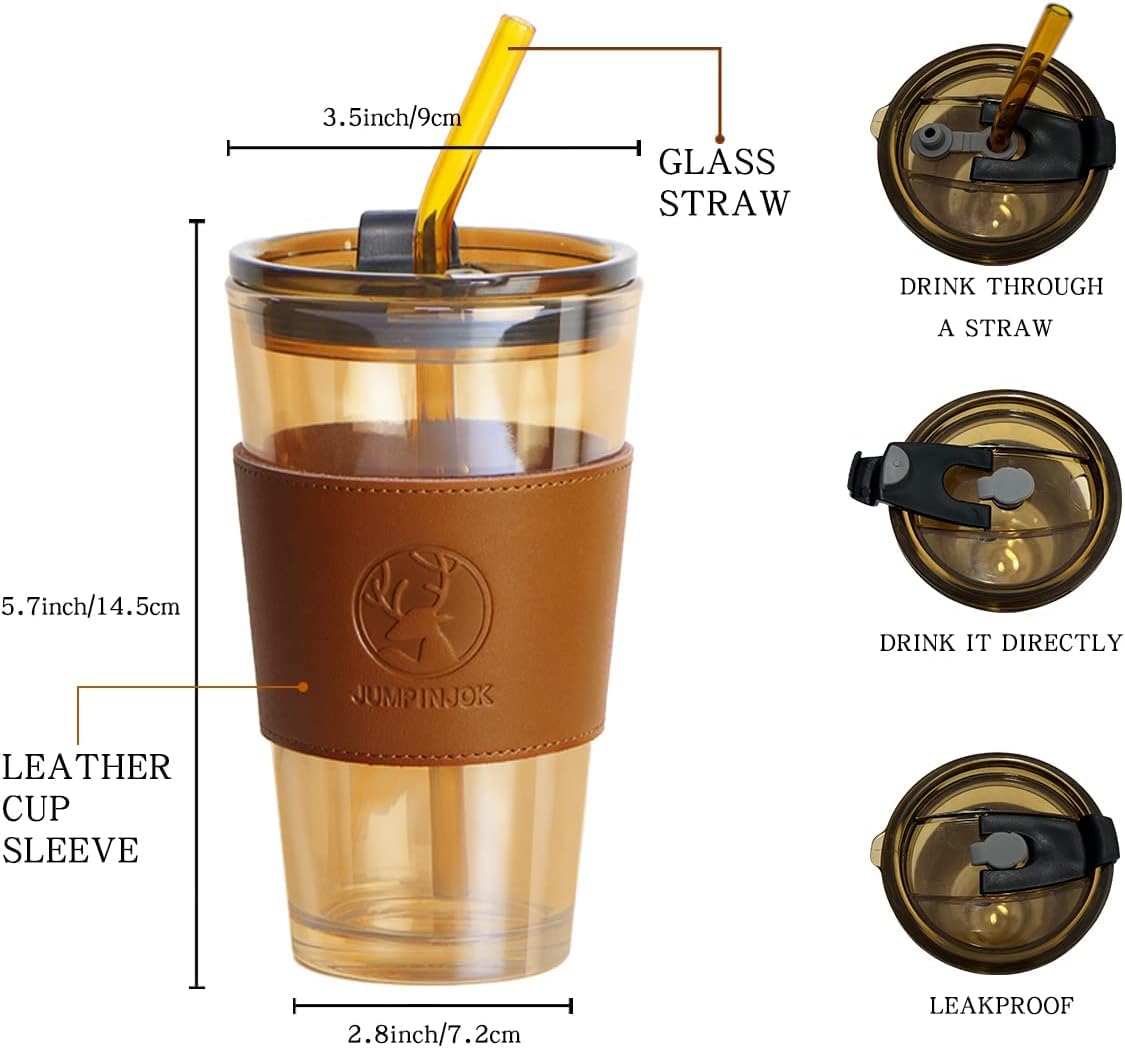 KELVEE 400ml Glass Tumbler with Straw & Lid - Aesthetic Coffee Mug with Leather Sleeve Grip - Brown Mason Jar for Iced Tea, Juice, Cocktail - Perfect for Home, Office, Travel & Outdoor Use - Hot & Cold Beverage Cup (Pack of 1)