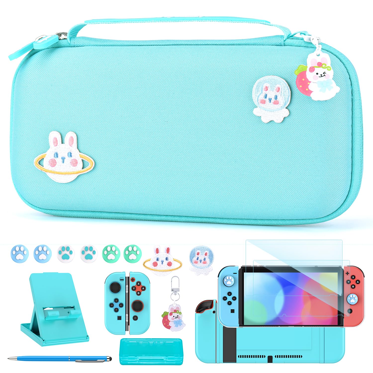 InnoAura 18-in-1 Nintendo Switch Accessories Kit - Protective Case, Game Storage, Screen Protector, Stand & Joy-Con Caps (Blue) | Perfect for Travel, Gaming Parties & Switch OLED Protection