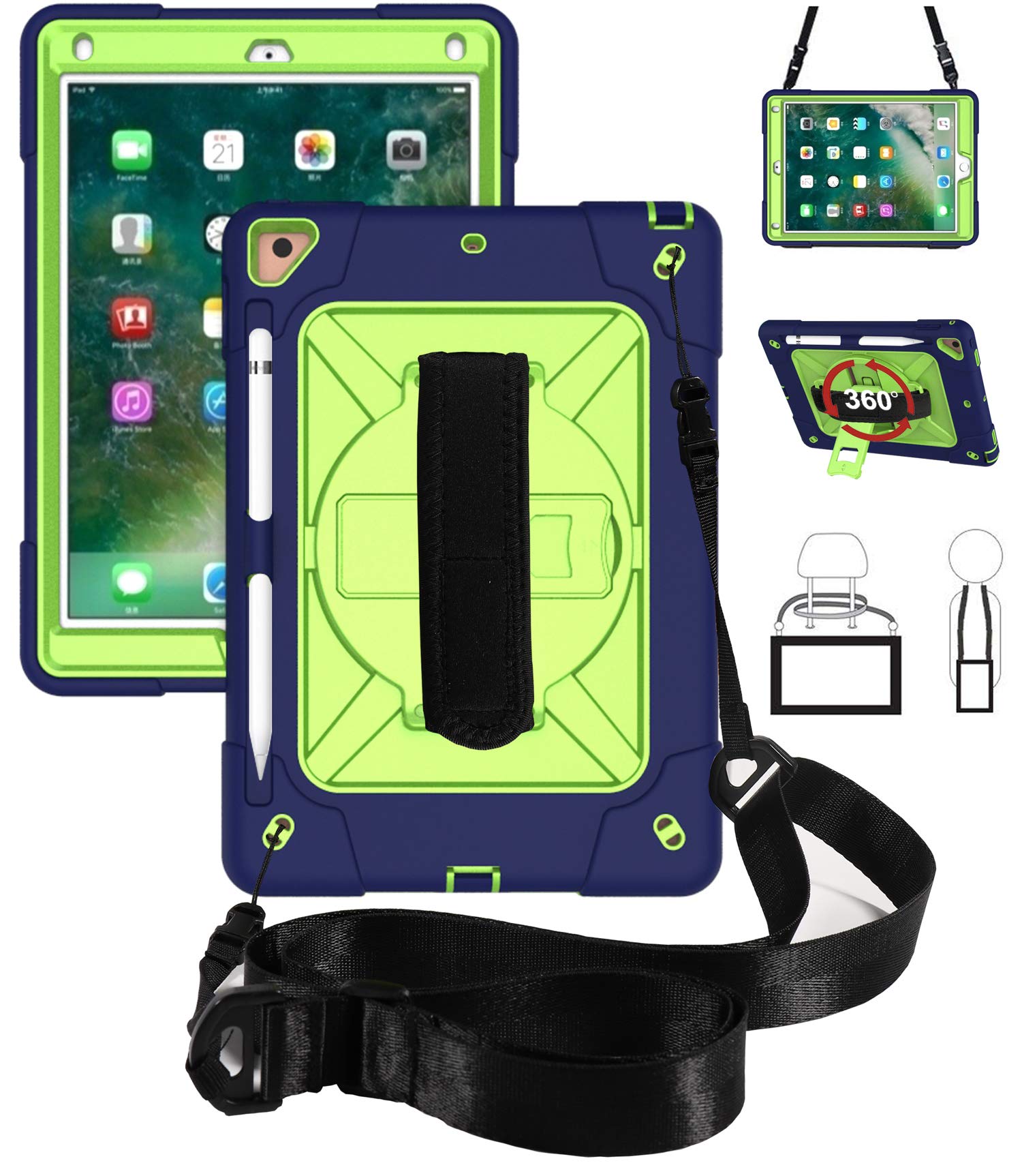 360° Rotating Handle Shockproof iPad Case with Kickstand & Pencil Holder - Compatible with iPad Air 2, iPad Pro 9.7 (2016), iPad 6th/5th Gen & New iPad 9.7 (2017/2018) | Navy Blue & Olive Green | Perfect for Work, Travel & School Use