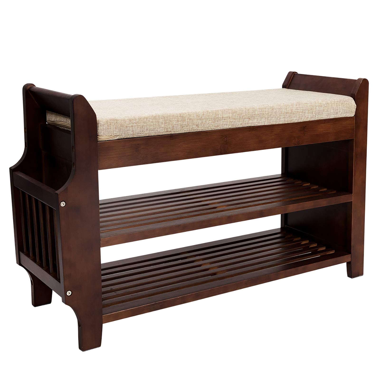 2-Tier Bamboo Shoe Bench with Removable Cushion & Hidden Drawer - Entryway Shoe Storage Organizer with Umbrella Stand - Perfect for Living Room, Bedroom & Bathroom Organization