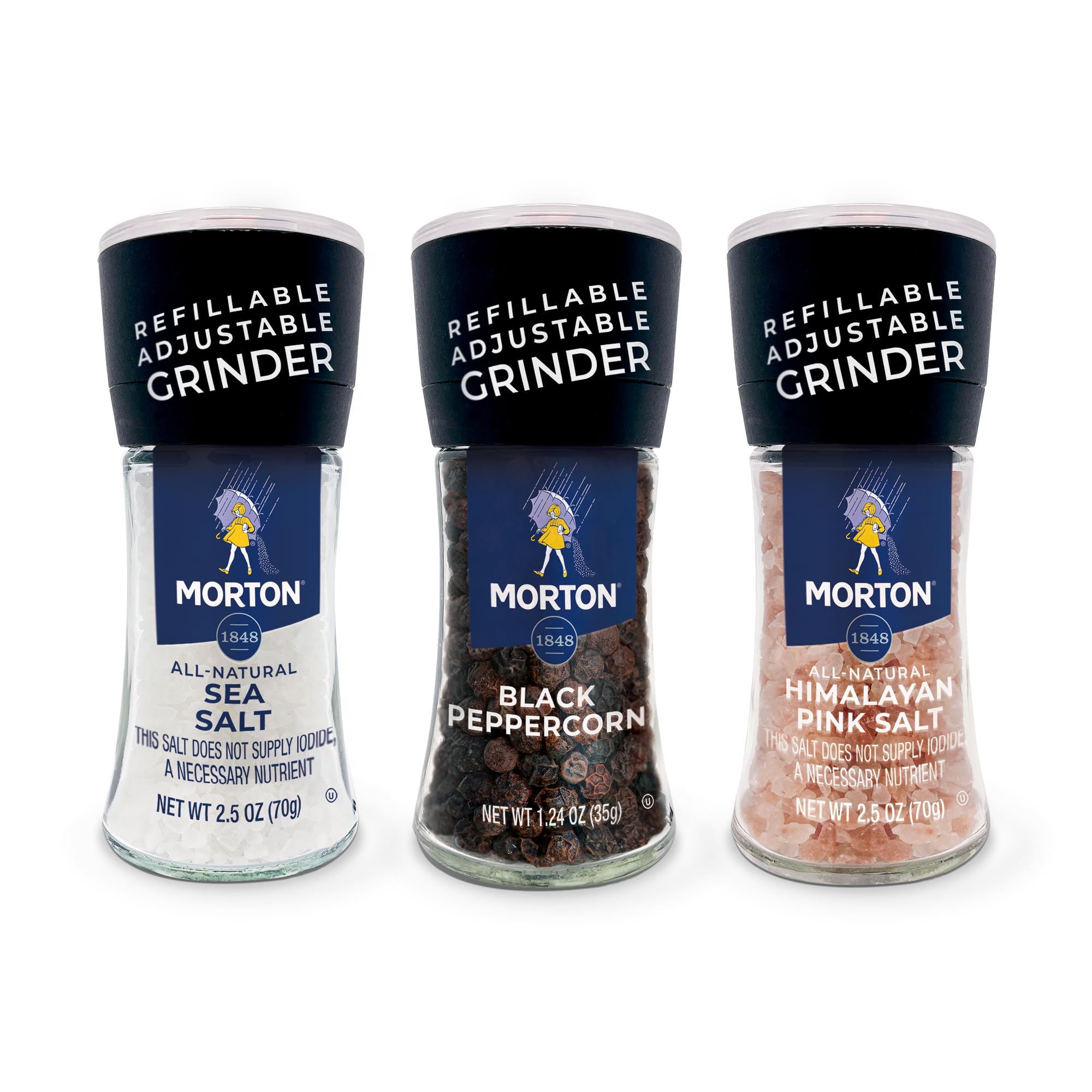 Premium Himalayan Pink Salt, Sea Salt & Black Peppercorn Grinder Set - 3-Pack Adjustable & Refillable Spice Mills (2.5oz Pink Salt, 2.5oz Sea Salt, 1.2oz Peppercorns) - Perfect for Cooking, Seasoning, Steak, Salad & Gourmet Dishes
