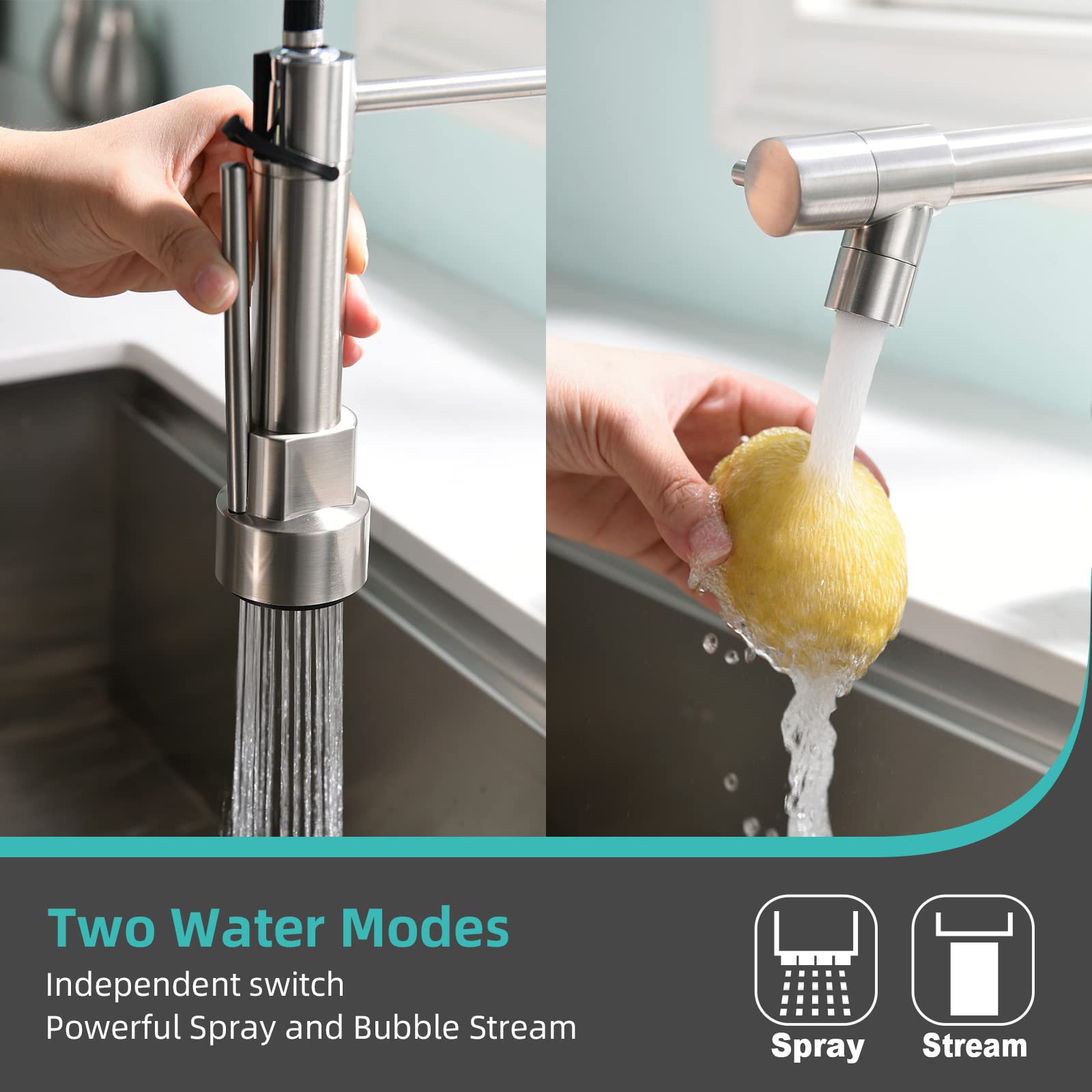 Commercial Kitchen Faucet with Pull Down Sprayer - Brushed Nickel High Arc Stainless Steel Sink Faucet, 1 or 3 Hole Installation, Spring Single Handle Design - Perfect for Restaurants, Bars & Home Kitchens