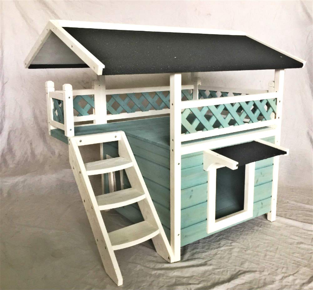 Seny Outdoor Wooden Cat House with Escape Door & Stairs - Blue - Weatherproof & Durable Pet Shelter for Indoor & Outdoor Use - Perfect for Backyard, Garden, or Patio
