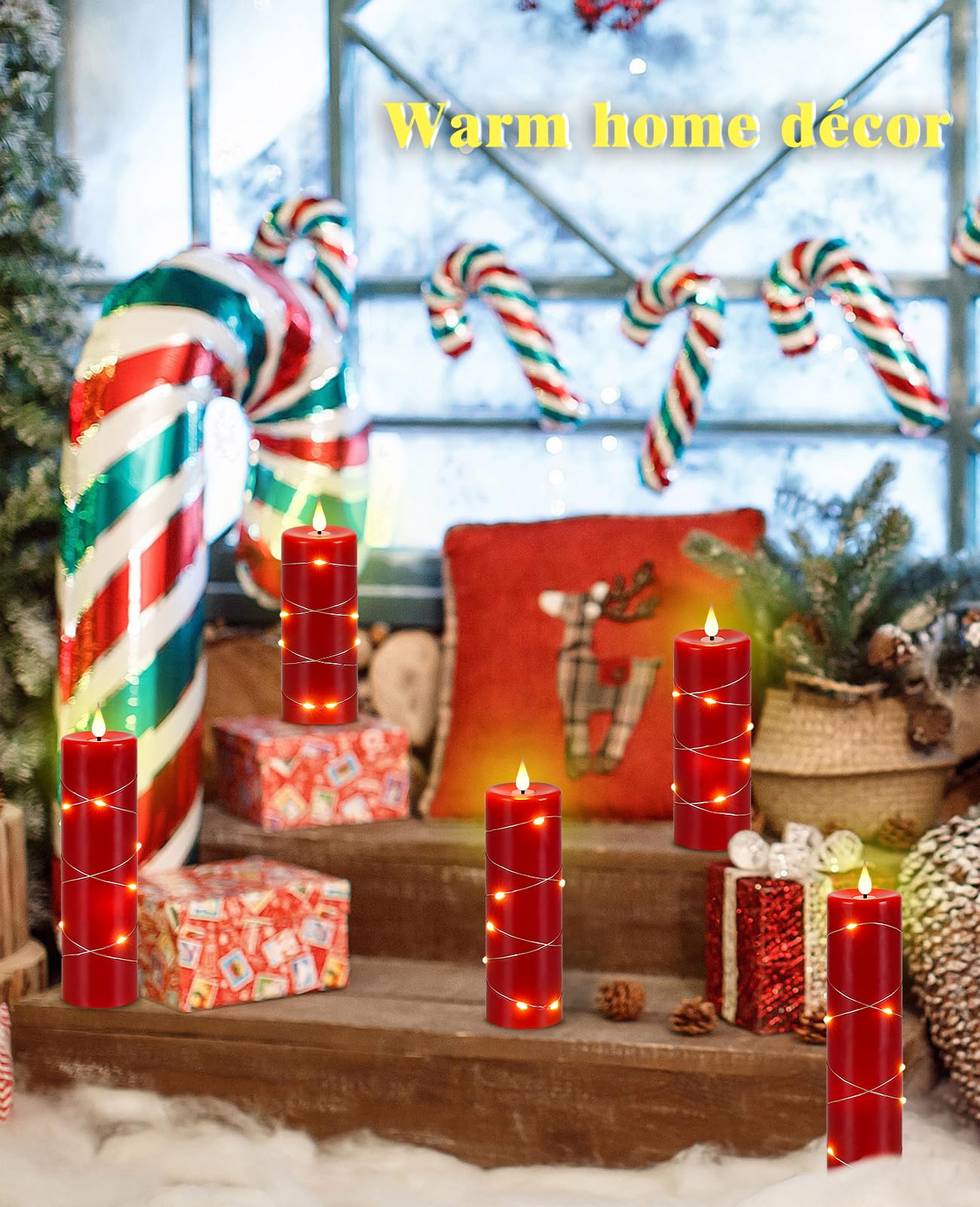 Upinmz Set of 5 Red Flameless LED Pillar Candles with Remote Control, Timer & Flickering String Lights - Battery Operated Decorative Candles for Home, Wedding, Party & Holiday Decorations