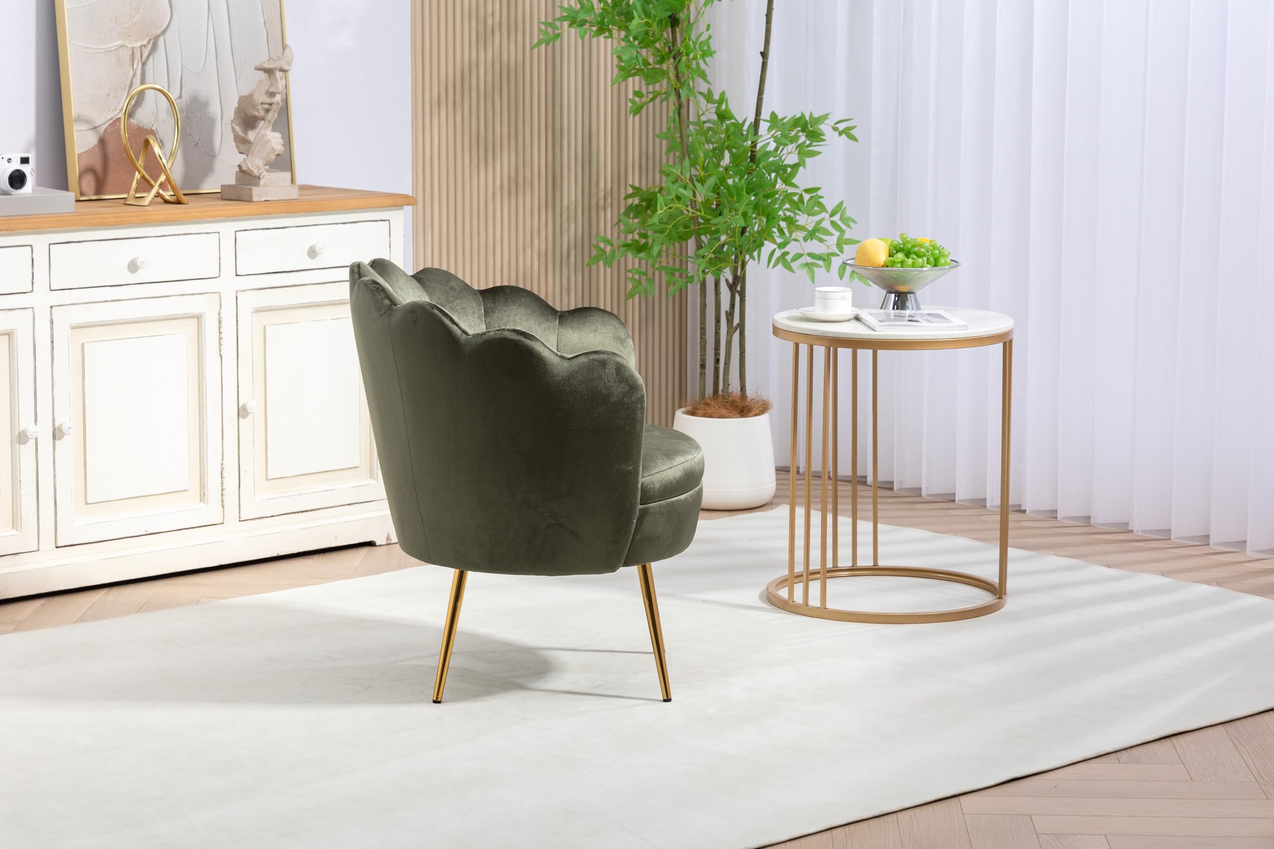 Modern Velvet Accent Chair with Golden Metal Legs - Comfy Upholstered Armchair for Bedroom, Living Room & Vanity - Stylish Desk & Makeup Chair (Army Green) - Perfect for Home Office, Dressing Area & Lounge Decor