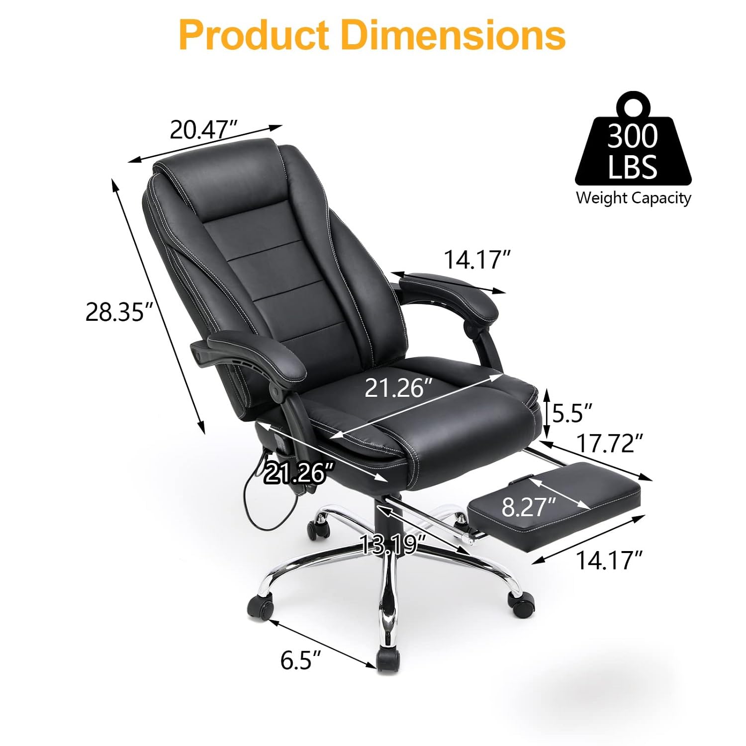 HOMREST 4-Point Massage Reclining Office Chair with Heating - Ergonomic Leather Executive Chair with Retractable Footrest - Adjustable Computer Desk Chair for Home Office, Study, Gaming & Relaxation (Black)