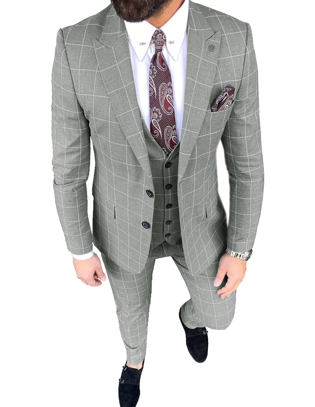 Men's Slim Fit Single Breasted 3-Piece Plaid Suit Set - Blazer, Vest & Pants for Wedding, Groomsmen & Formal Occasions | Perfect for Business Meetings, Prom & Special Events