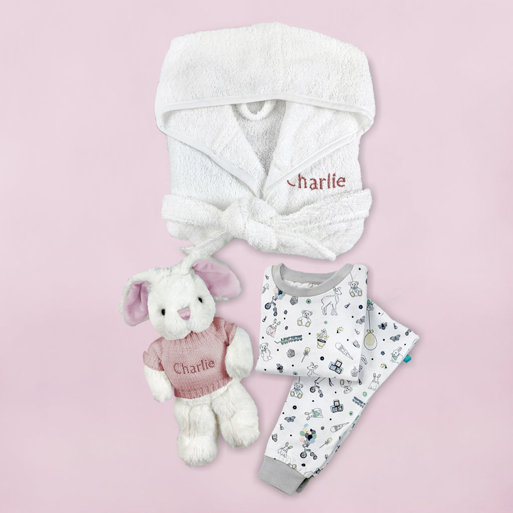 Personalized Pink Little Bunny Bath and Bedtime Hamper with White Bathrobe for Toddlers 1-2 Years | Perfect Baby Shower Gift & Nursery Decor