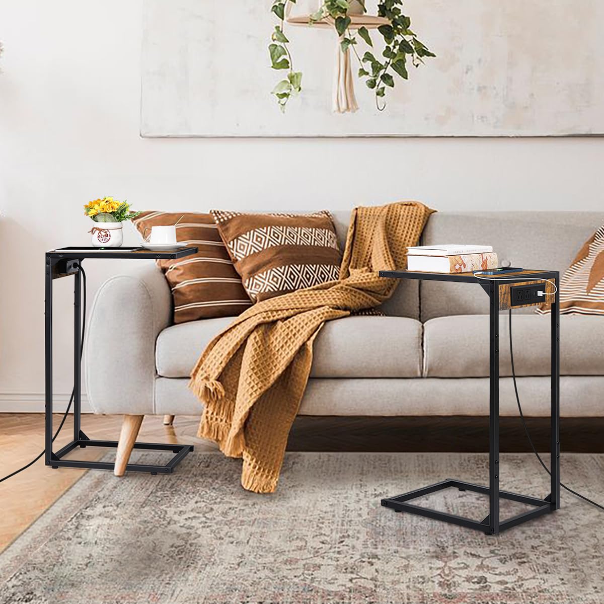 2-Piece C-Shaped End Table Set with USB Charging Station & Power Outlets - Snack Side Table for Couch, Living Room & Bedroom - Space-Saving Slide-Under Design (Brown) - Perfect for Small Spaces, Movie Nights & Charging Devices