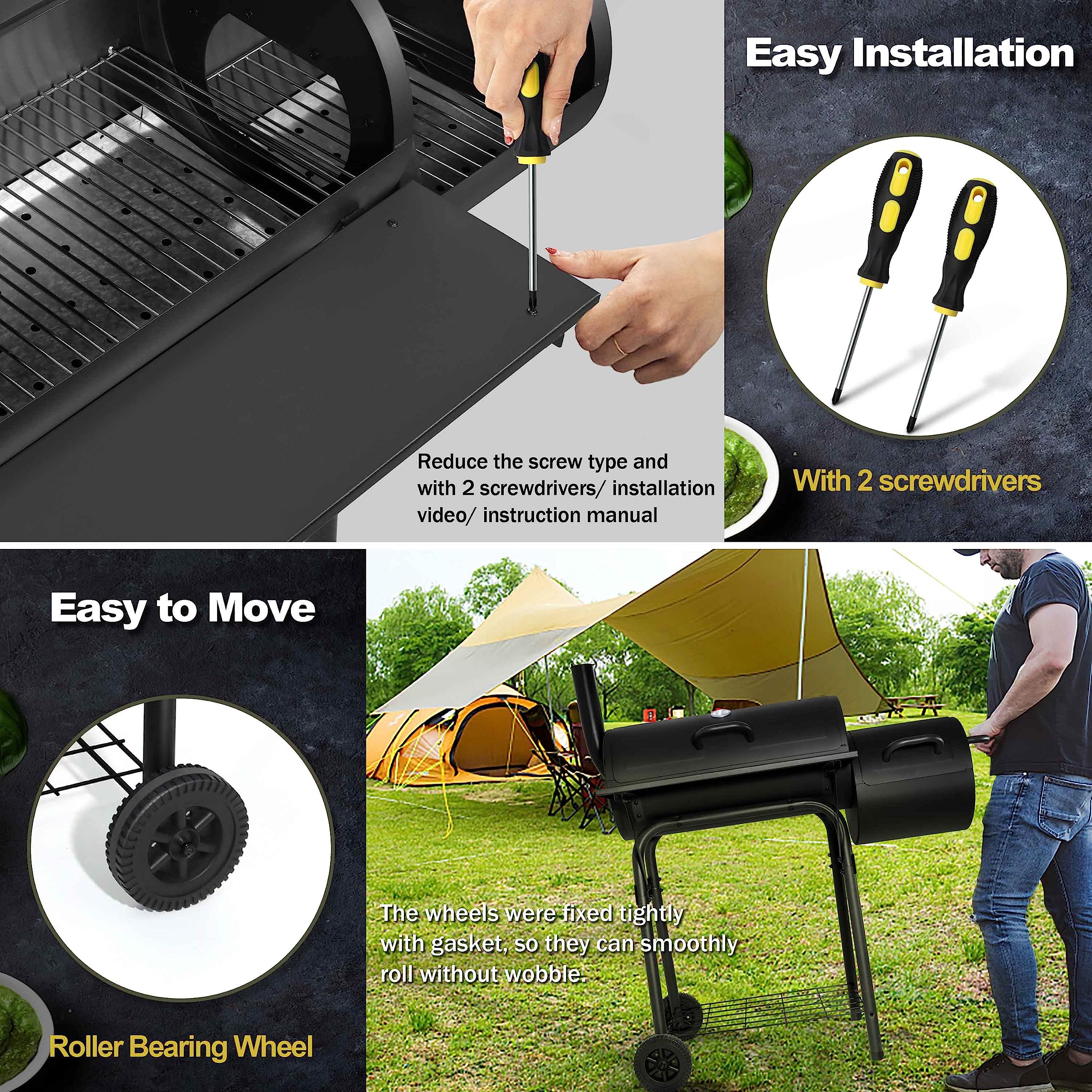Joyfair Charcoal Grill with Offset Smoker - Heavy Duty Steel Camping BBQ Grill with Side Fire Box, Dual Chamber Design, Built-in Thermometer & Chimney - Perfect for Outdoor Backyard Parties, Tailgating & Camping Trips