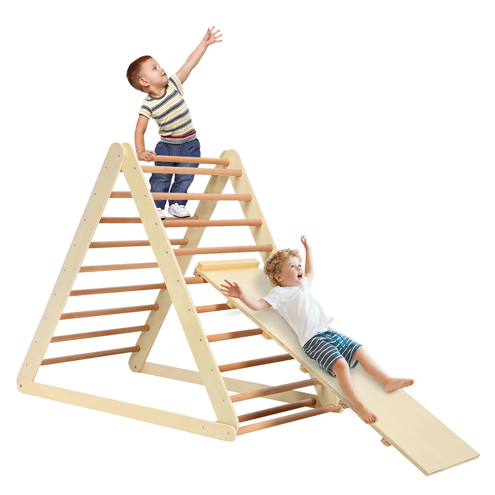 HONEY JOY 2-in-1 Foldable Wooden Triangle Climber with Ramp, Ladder & Slide - Indoor Toddler Climbing Set for Playground, Gym & Daycare - Perfect Gift for Boys & Girls (Natural) - Ideal for Montessori Play, Home Exercise & Early Childhood Development
