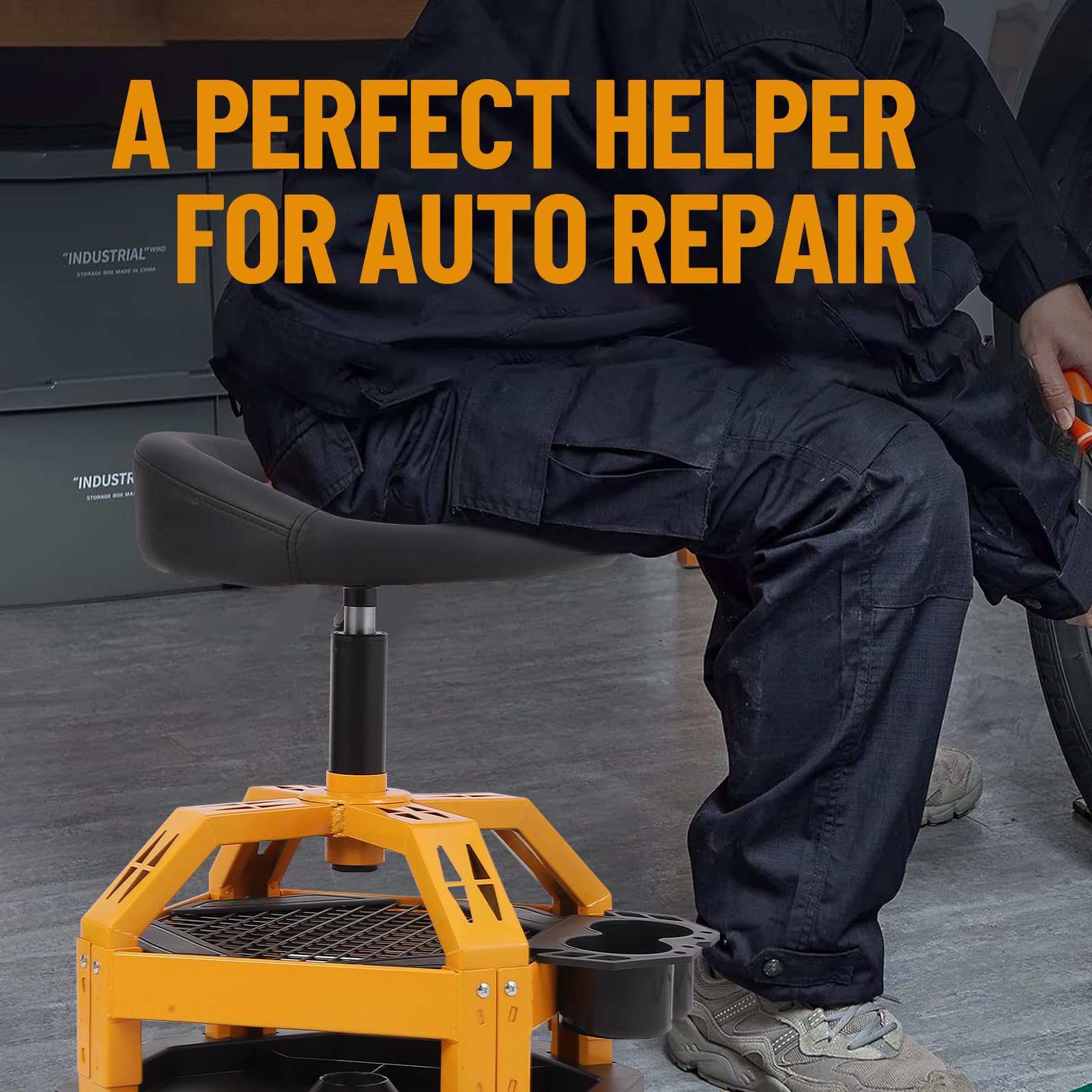 GARVEE 330LBS Heavy Duty Rolling Shop Stool for Garage - Mechanic Stool with 360° Swivel Casters, Ergonomic Design & High Weight Capacity - Perfect for Auto Repair, Workshop & Industrial Use