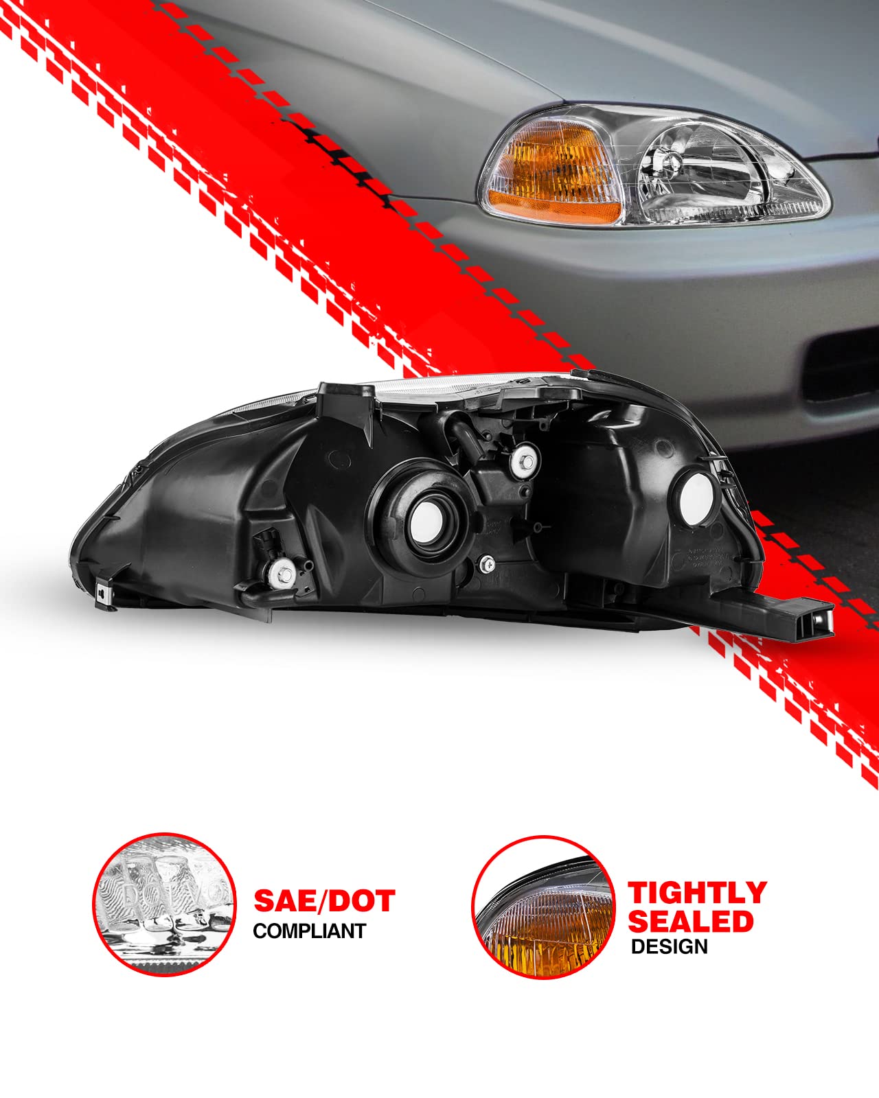 Torchbeam Headlight Assembly Replacement for Honda Civic & Toyota Tacoma 1996-1998 - Chrome Housing with Clear Lens (Driver & Passenger Side) - Perfect for Night Driving & Auto Restoration Projects
