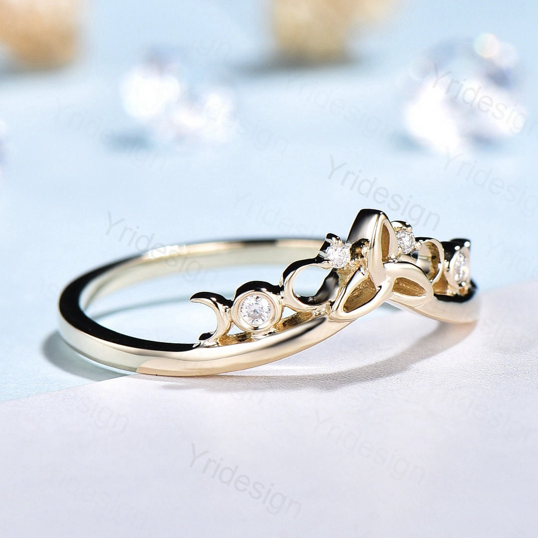 Celtic Knot Norse Viking Diamond Wedding Band for Women - Unique Curved Yellow Gold Stackable Anniversary Ring | Perfect for Weddings, Engagements & Gift Giving