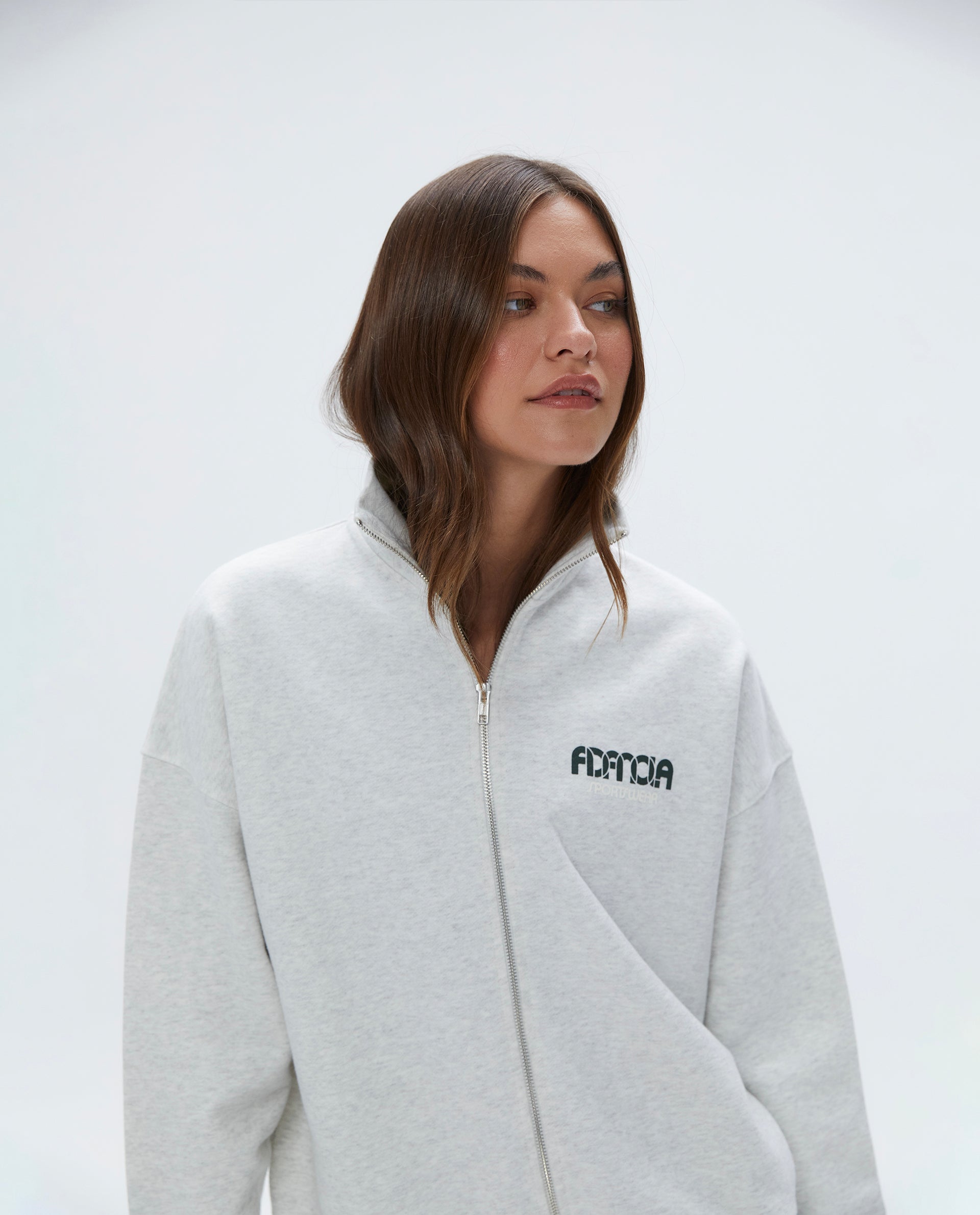Oversized Full Zip Funnel Neck Sweatshirt - Light Grey Melange & Dark Olive | Women's Sportswear Hoodie for Gym, Running & Casual Wear