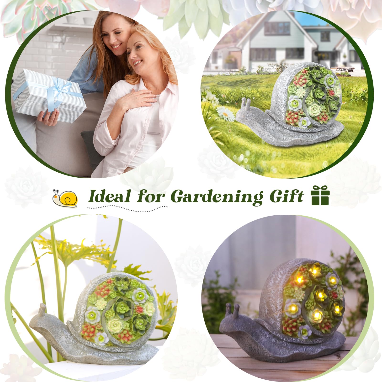 Solar Powered LED Garden Snail Statue with Succulent Planter - Outdoor Decor for Yard, Patio, Balcony - Unique Gardening Gift for Housewarming & Birthday - Perfect for Garden Lighting & Nighttime Decoration