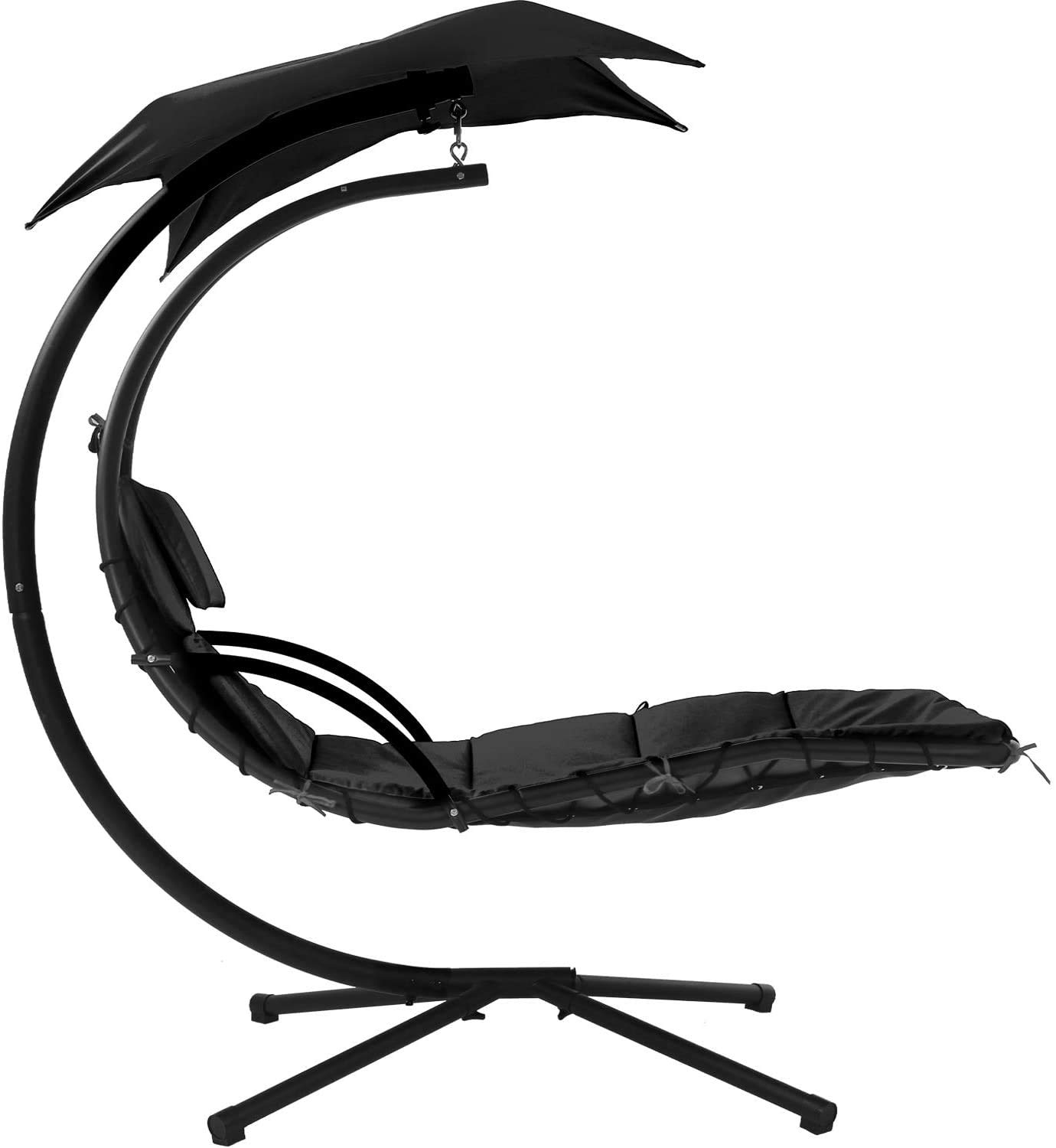 Black Hanging Chaise Lounger - Outdoor Patio Swing Chair with Adjustable Canopy & Arc Stand for Porch, Garden, Poolside Relaxation | Perfect for Napping, Reading & Sunbathing Indoors & Outdoors