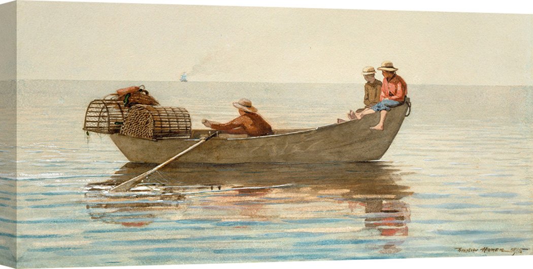 Winslow Homer Three Boys in a Dory with Lobster Pots Canvas Art Print - 55x28 Inch (140x70 cm) Coastal Nautical Wall Decor for Living Room, Bedroom or Office