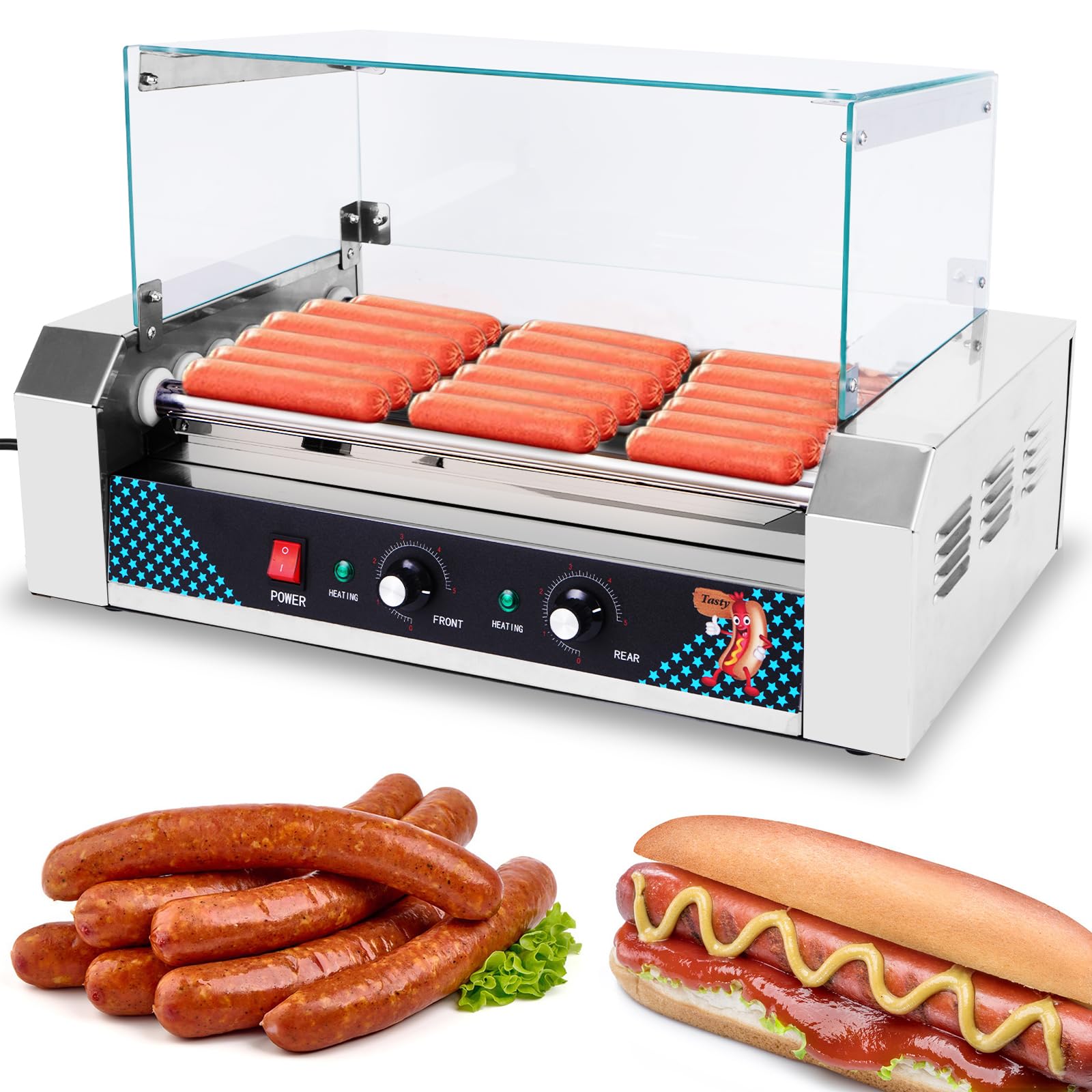 Commercial Electric Hot Dog Roller Machine - 7 Stainless Steel Rotating Rollers, Dual Temperature Control, Removable Drip Tray & Dust Cover - Perfect for Restaurants, Food Trucks, Home Kitchens & Indoor/Outdoor Events