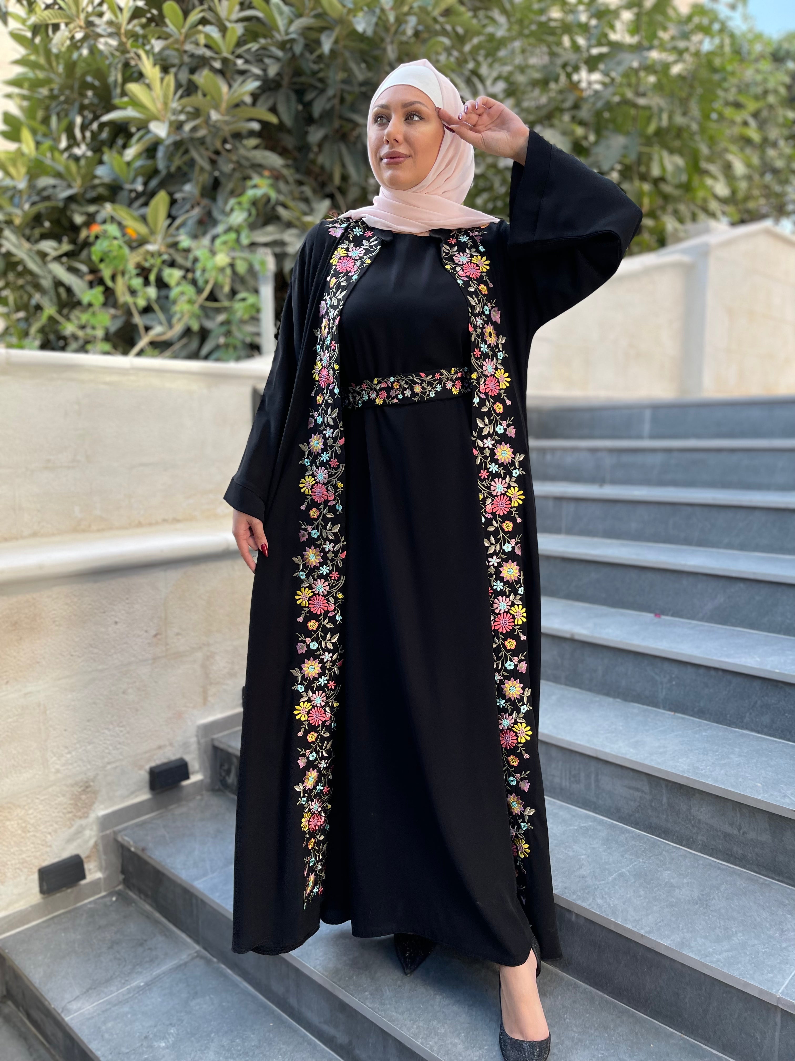 Modern Black Two Piece Embroidered Abaya Dress for Women - Elegant Islamic Prayer Outfit for Mosque & Special Occasions