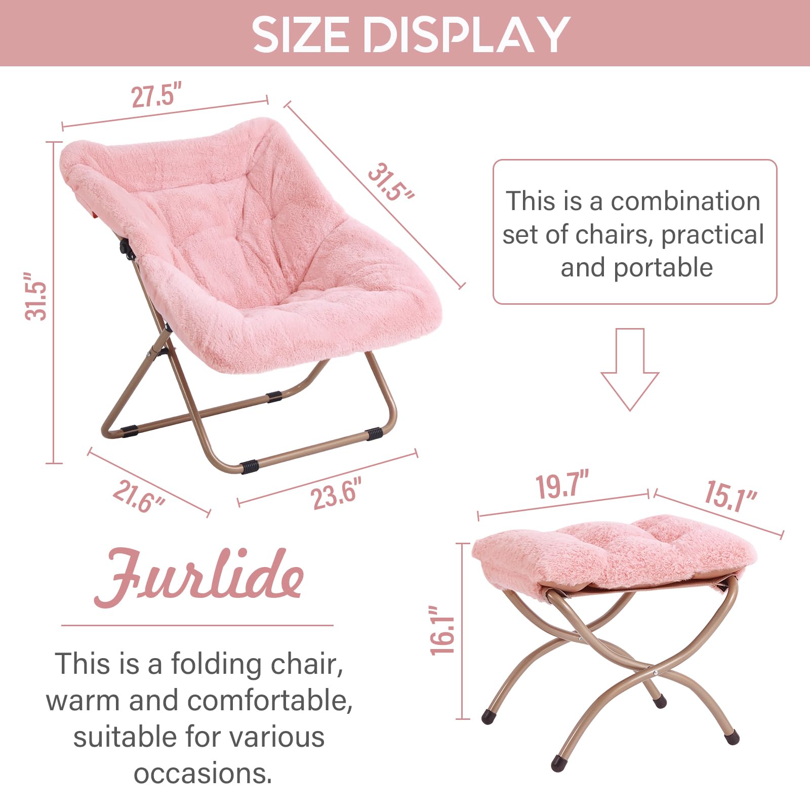 Extra Large Soft Saucer Chair with Ottoman - Oversized Folding Faux Fur Accent Chair, Foldable Metal Frame Lounge Chair for Bedroom, Living Room & Dorm (Pink) - Perfect for Relaxing, Reading & Small Space Decor