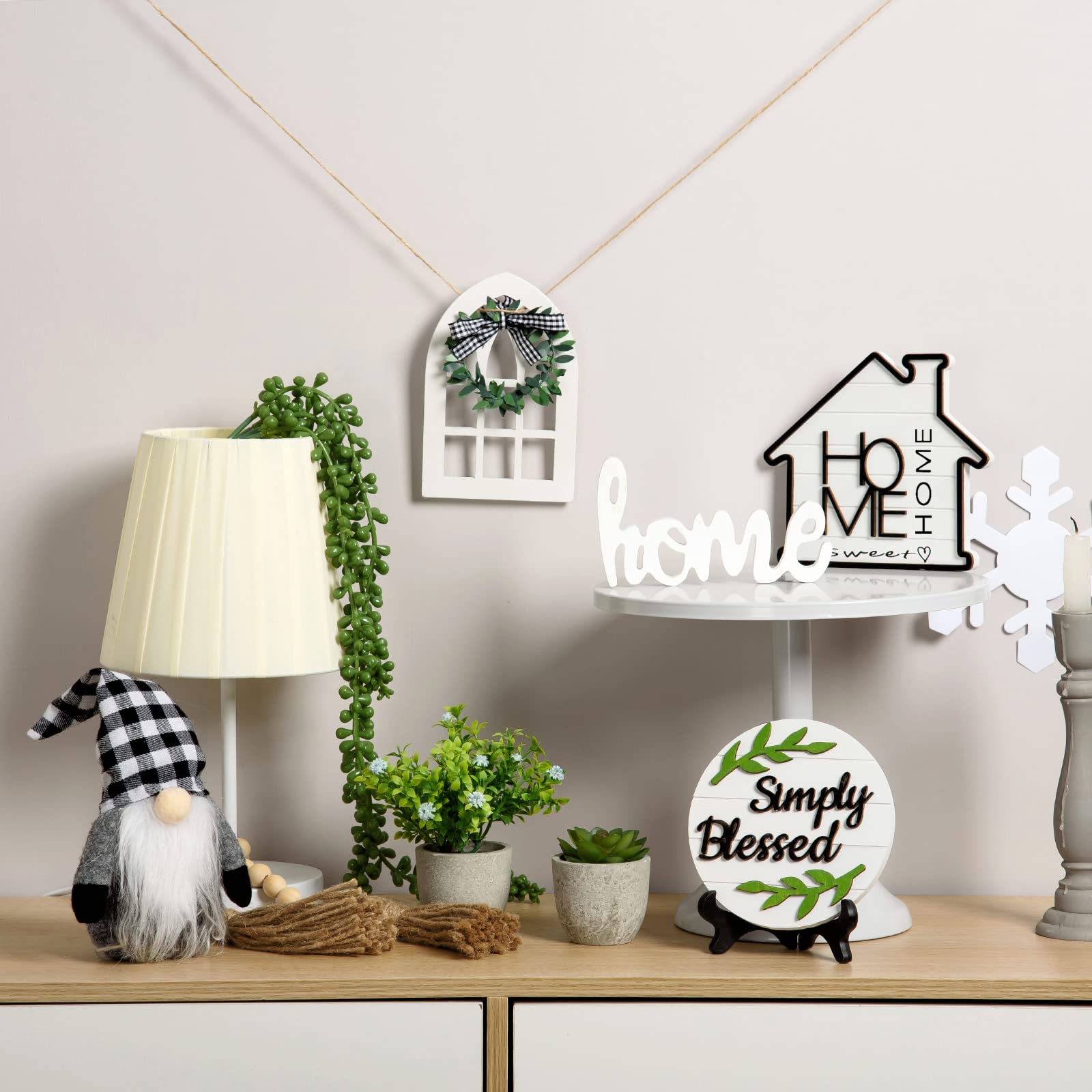 11-Piece Farmhouse Tiered Tray Decor Set with Artificial Succulents, Home Sweet Home Sign & Wooden Bead Garland - Rustic Black White Buffalo Plaid Gnome Decor (Tray Not Included) - Perfect for Kitchen Countertops, Coffee Tables, and Seasonal Home Decor