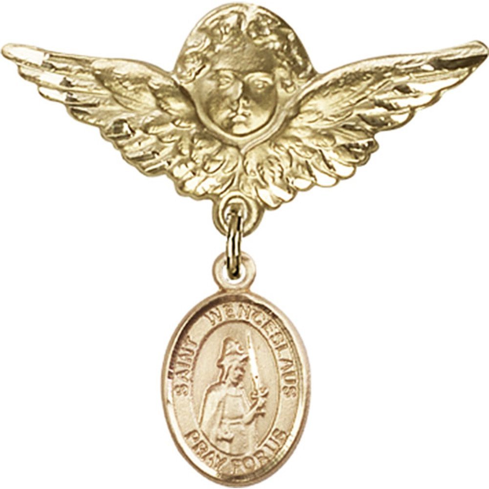 Gold Filled St. Wenceslaus Charm & Angel Wing Badge Pin - 1 1/8 X 1 1/8 Inches - Perfect for Baby Christening, Baptism Gifts & Religious Jewelry Collections