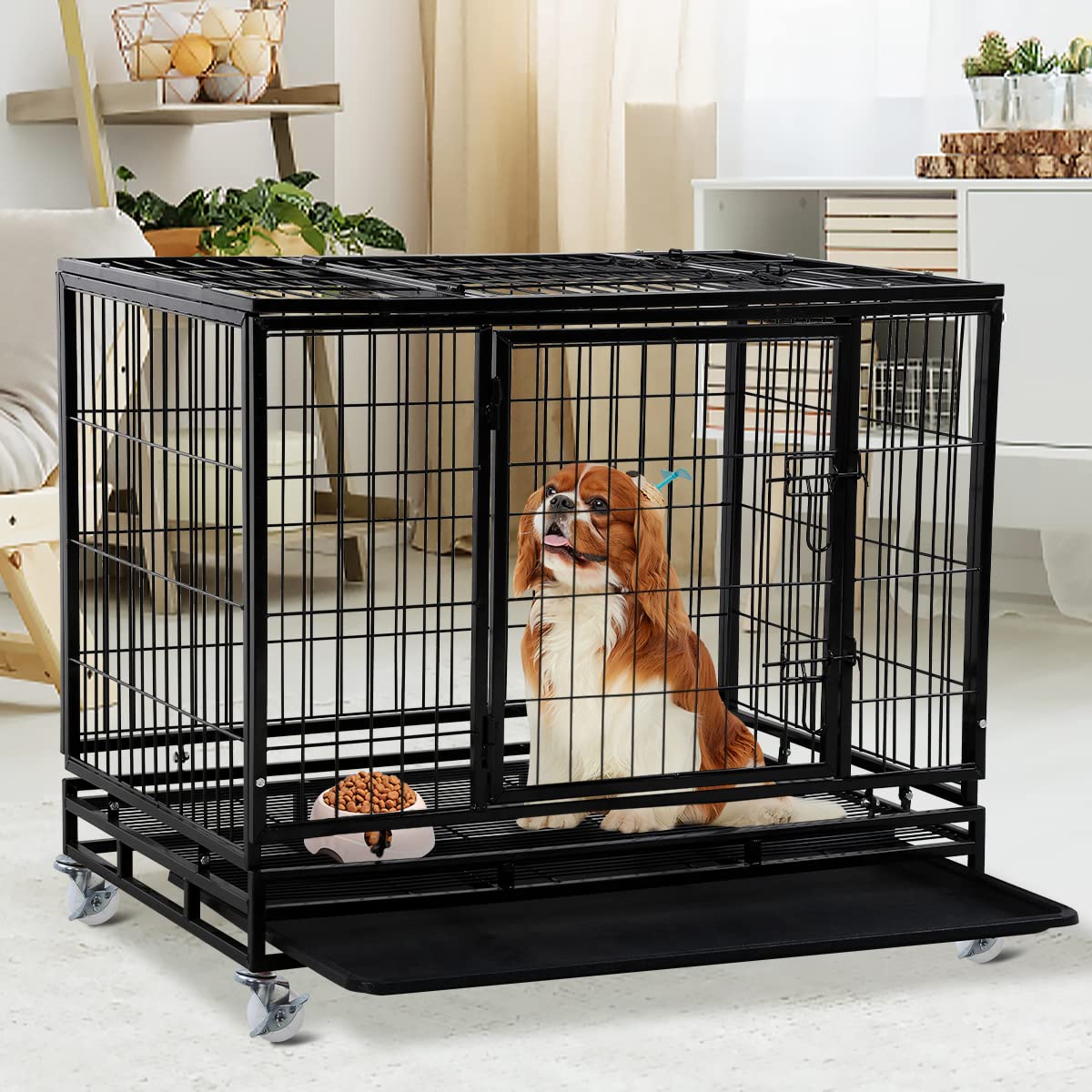 36 Inch Heavy Duty Dog Crate - Black Waterproof Steel Kennel with Wheels & Double Doors | Non-Toxic, Lockable, Easy to Clean | Indoor & Outdoor Use for Large Dogs, Travel & Home Security