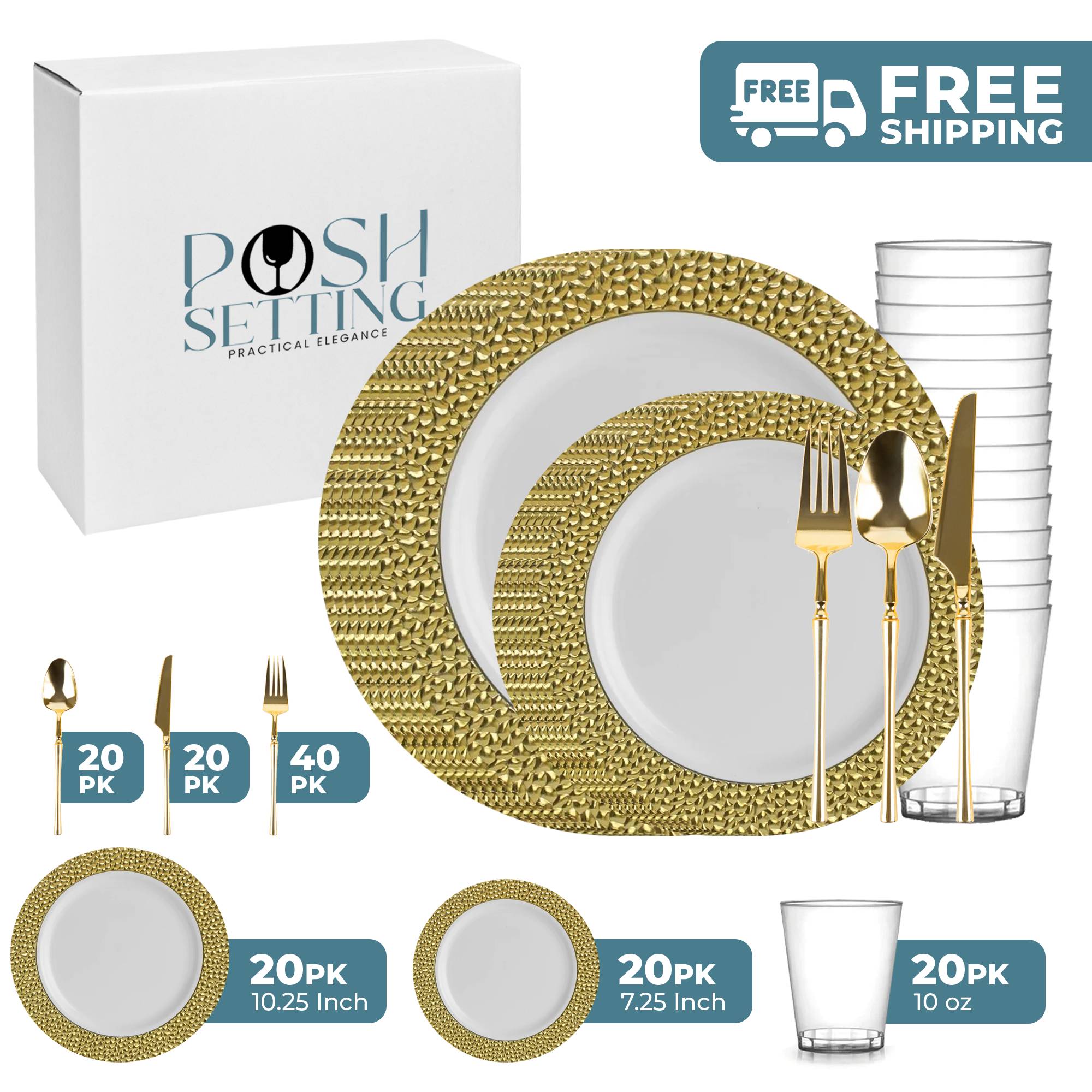 White and Gold Plastic Party Bundle - 50-Piece Disposable Tableware Set for Birthday, Wedding, Baby Shower & Holiday Celebrations - Plates, Cups, Forks, Spoons & Knives Included