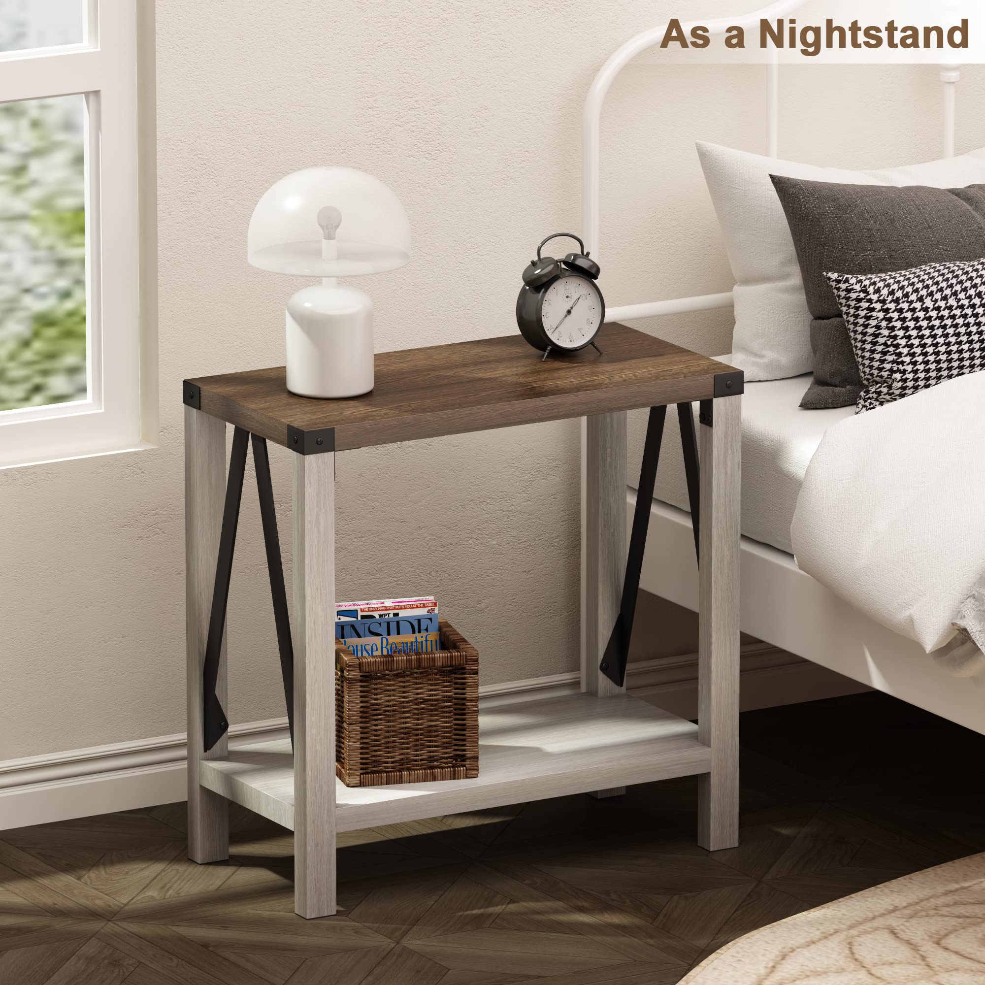 ChooChoo Farmhouse Narrow End Table with Storage Shelf - Rustic A-Design Nightstand for Small Spaces, Sofa Side Table for Living Room & Bedroom (White & Brown) | Perfect for Apartments, Dorms & Cozy Home Decor
