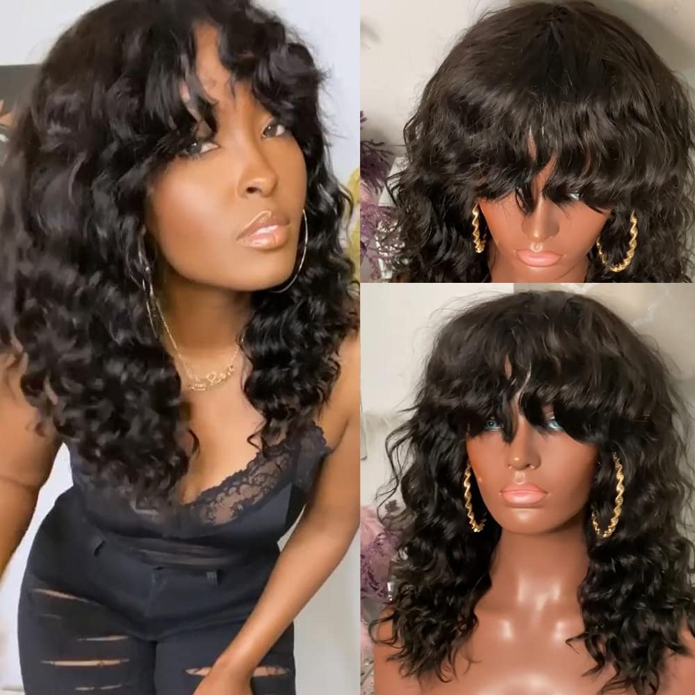180 Density Deep Wave Wig with Bangs - O Scalp Top Full Machine Made Human Hair Brazilian Wig for Women (18 Inch) - Perfect for Daily Wear, Parties & Special Occasions
