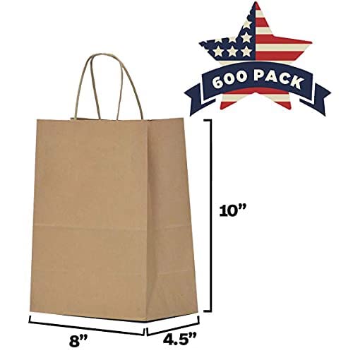 600 Pcs Kraft Paper Gift Bags Bulk 8x4.5x10 Inches - Eco-Friendly Brown Shopping Bags with Handles for Retail, Parties, Weddings & Events