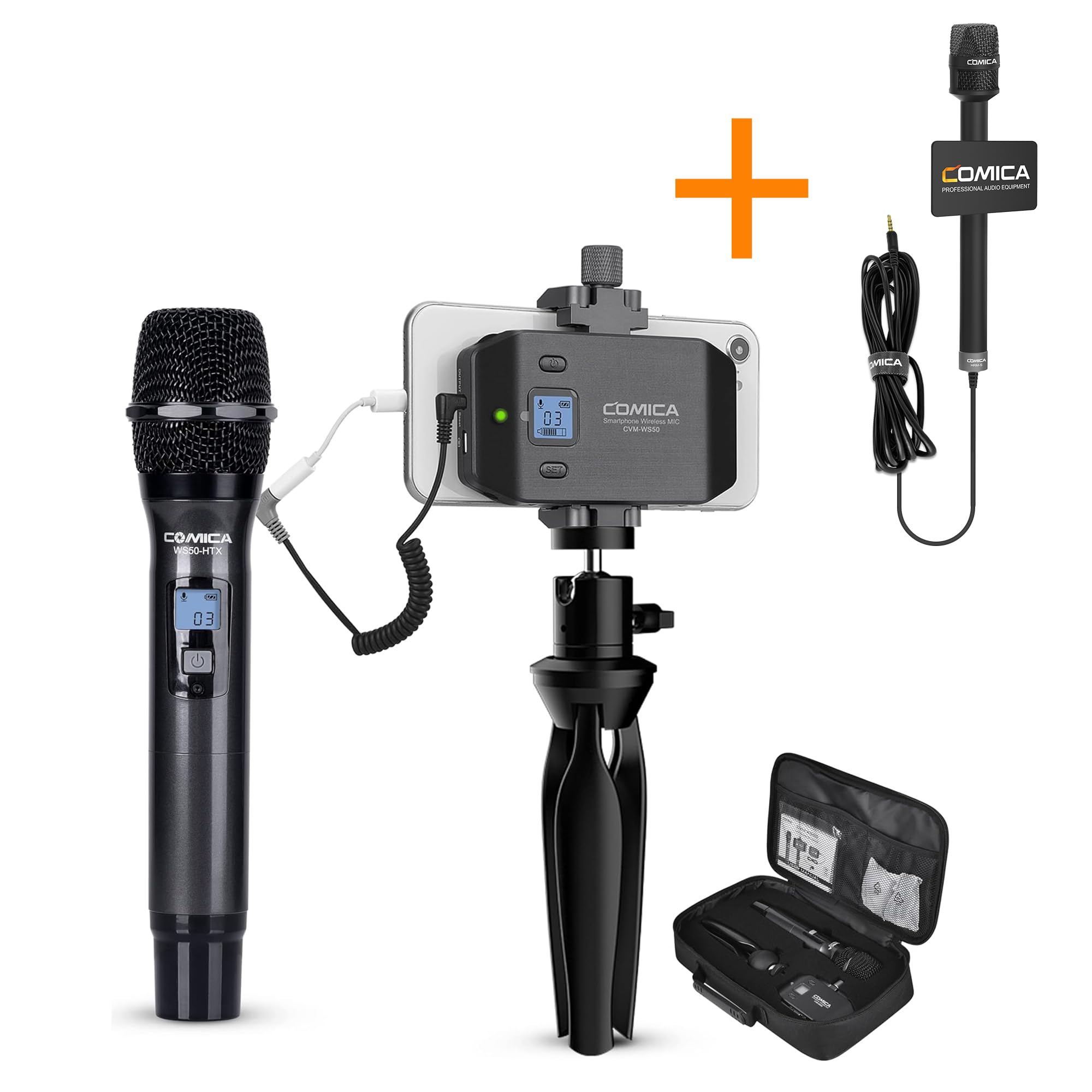 COMICA CVM-WS50(H) Wireless Lavalier Microphone System with HRM-S 3.5mm TRRS Handheld Mic - Professional Interview Mic Kit for Smartphones, DSLR Cameras - Ideal for YouTube Videos, Podcasting, Live Streaming, Wedding Ceremonies & Public Speaking Events