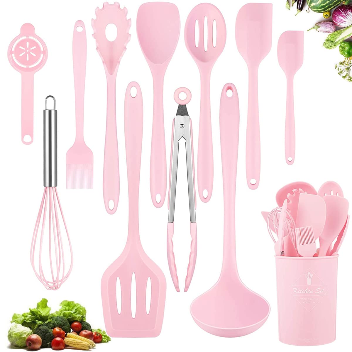12-Piece Silicone Kitchen Utensil Set with Holder - Heat-Resistant Cooking Spatulas, Spoons & Tools for Baking, Non-Stick Cookware (Pink) - Perfect for Home Cooking, Meal Prep & Gift Giving