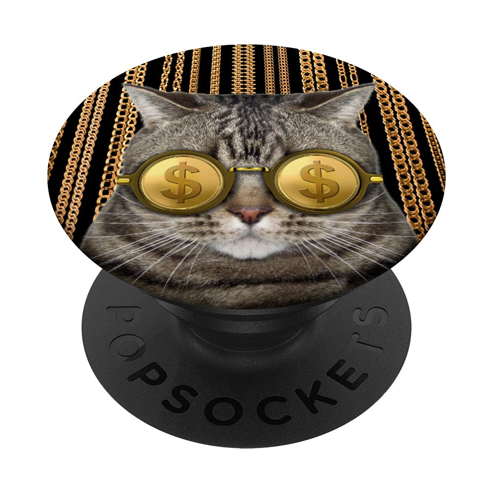 Lucky Money Cat Gold Plated PopSocket with Bling Chains - Swappable PopGrip for Phone & Tablet - Perfect for Good Fortune & Stylish Phone Accessories