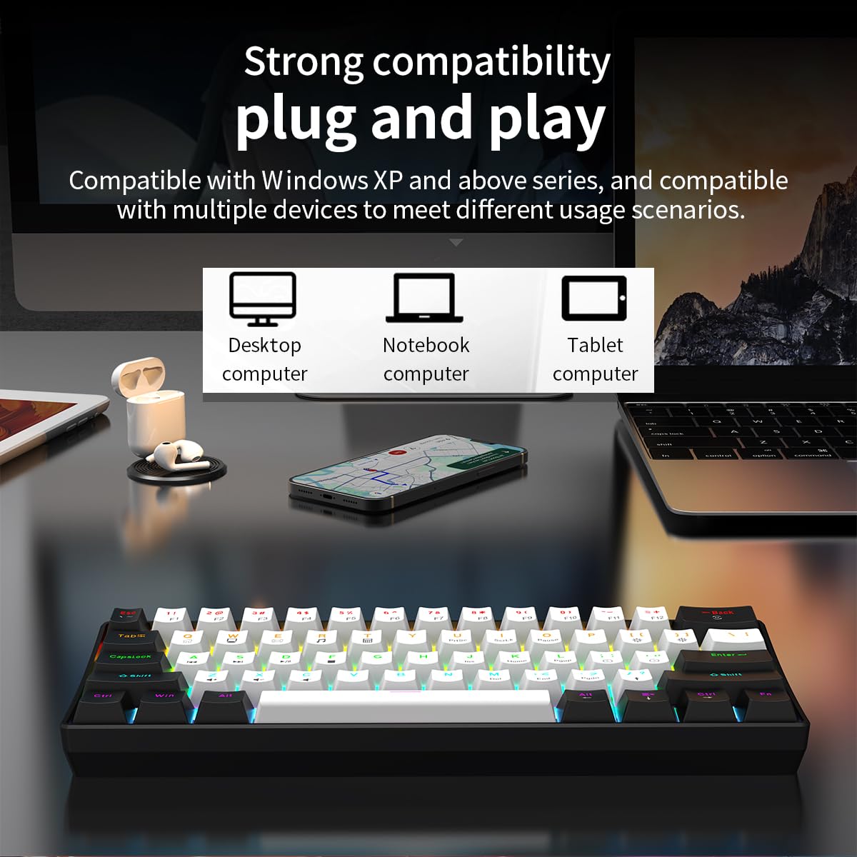 60% RGB Wired Gaming Keyboard - Compact 61-Key for PC/Mac Gamers & Typists | Travel-Friendly Design