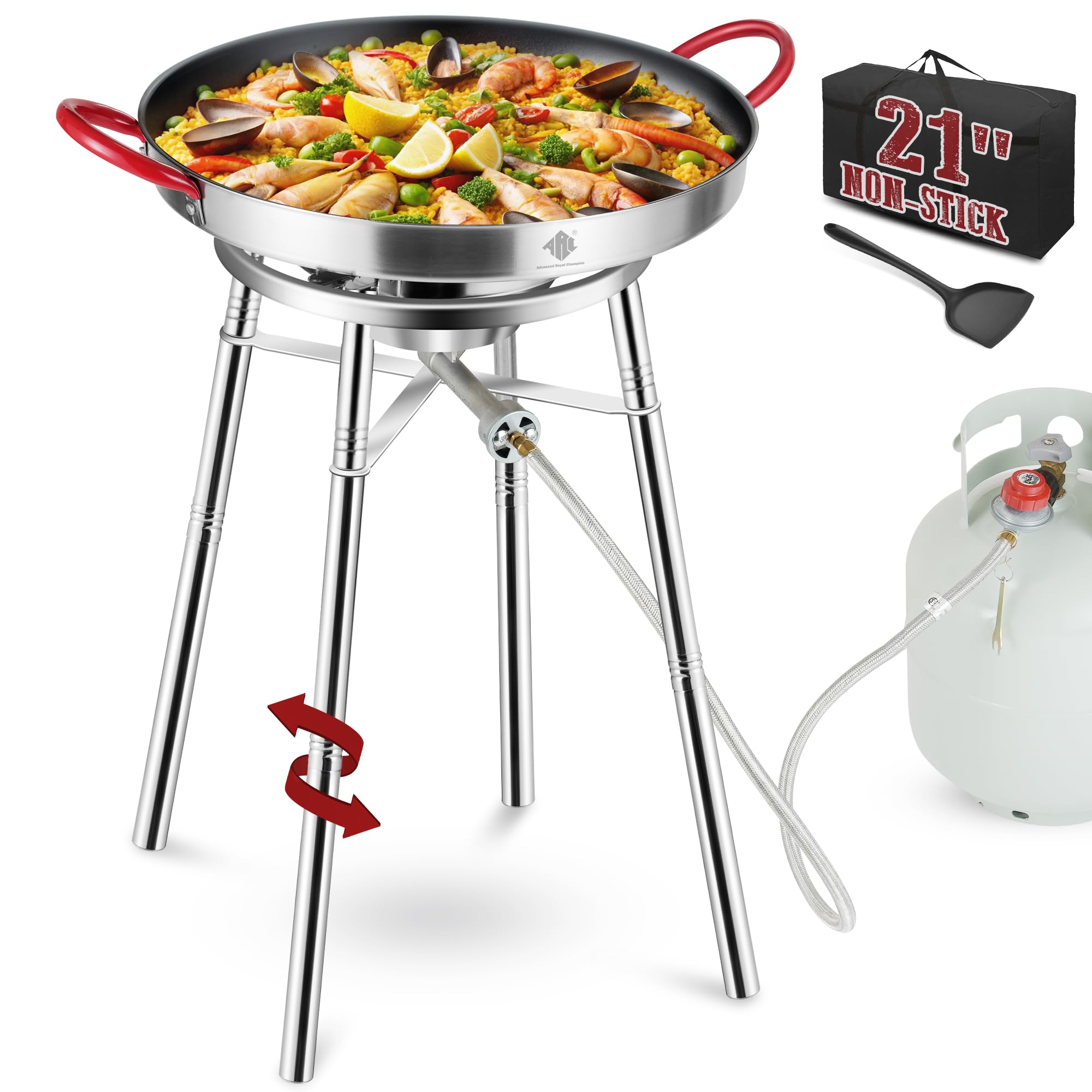 Nonstick Paella Pan Set with Stainless Steel Burner & Stand - 21 Inch, 16 Servings - Includes Propane Burner Head, Carry Bag, Wok Spatula & Foldable Brackets - Perfect for Outdoor Cooking, Parties & Spanish Cuisine